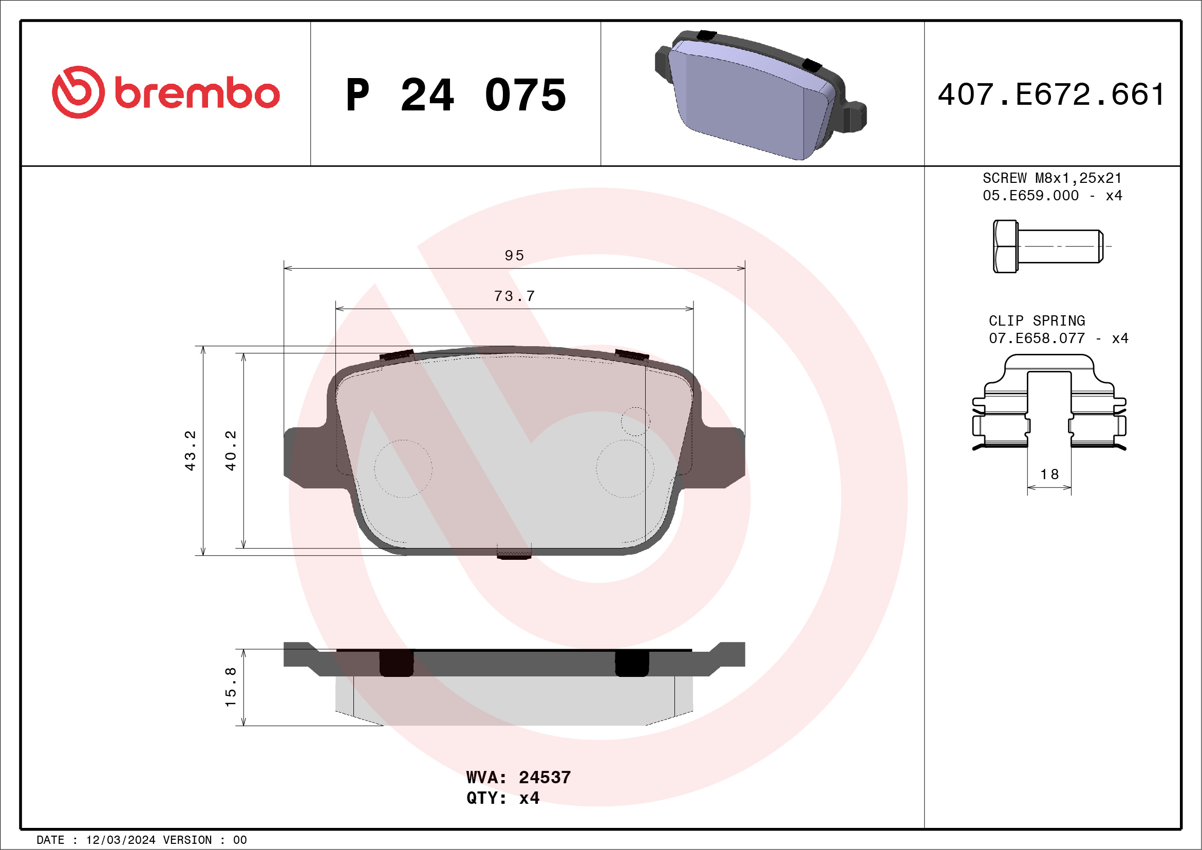 stabdžių trinkelių rinkinys, diskinis stabdys - P 24 075 BREMBO