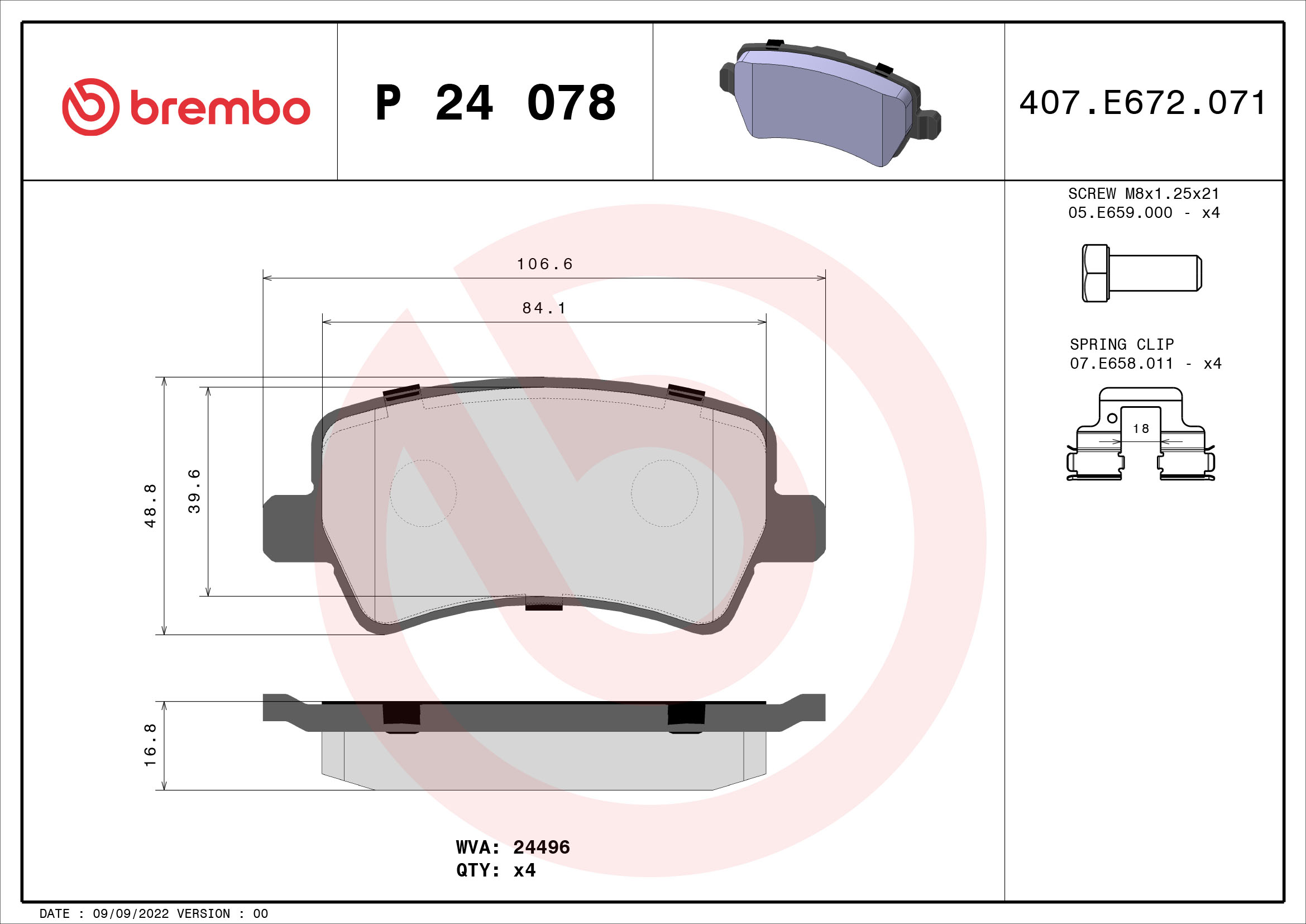 Brake Pad Set, disc brake - P 24 078 BREMBO