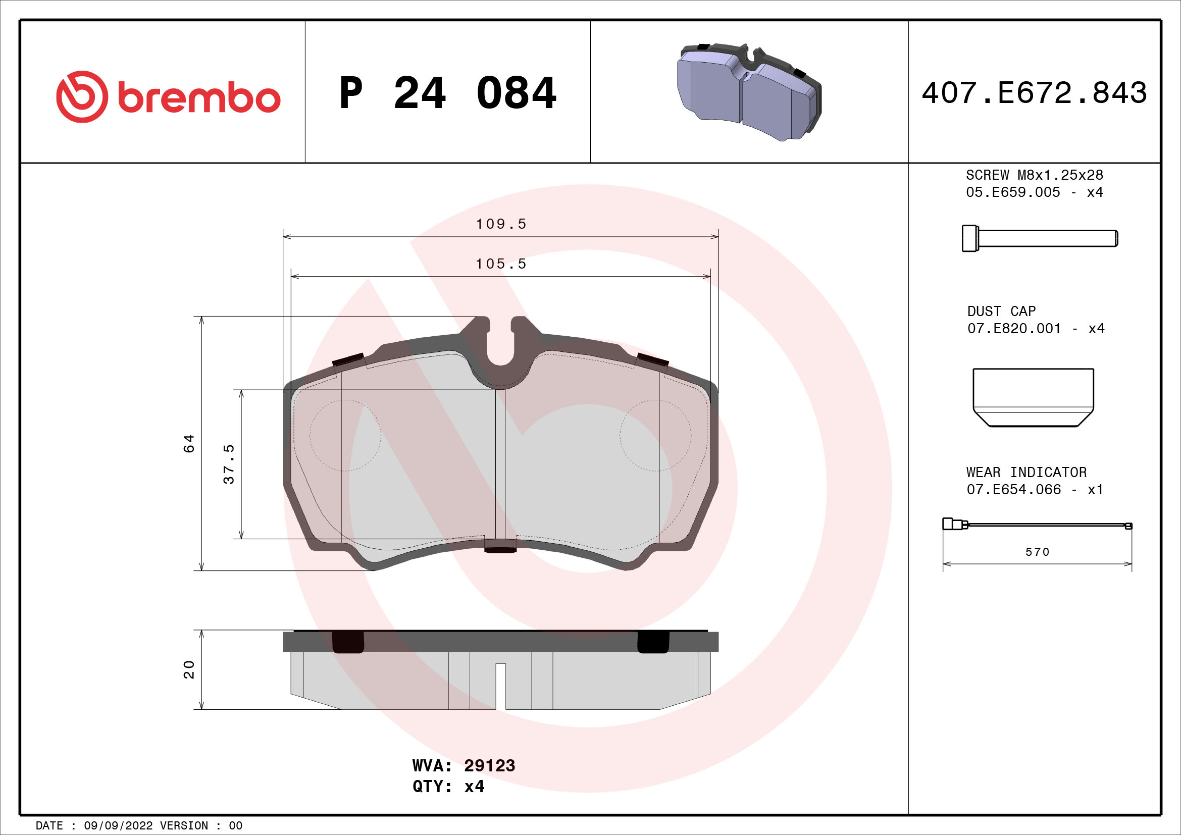 stabdžių trinkelių rinkinys, diskinis stabdys - P 24 084 BREMBO
