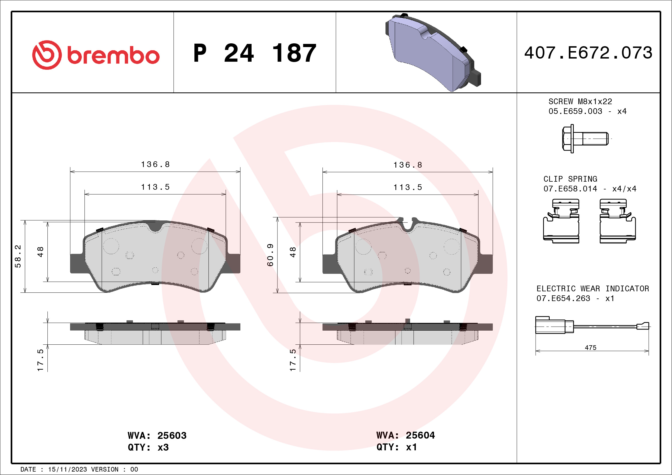 Bremsbelagsatz, Scheibenbremse - P 24 187 BREMBO