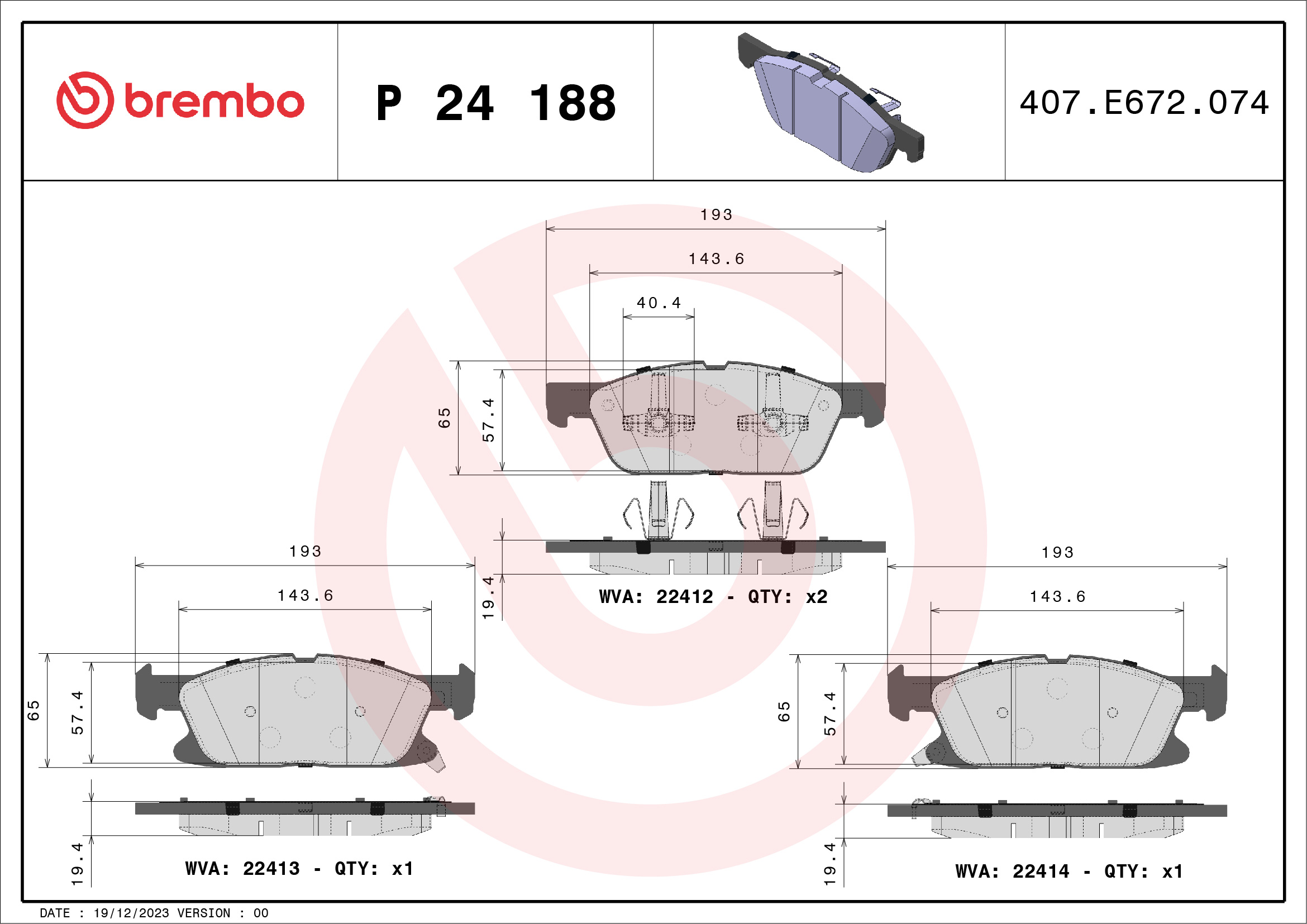 Brake Pad Set, disc brake - P 24 188 BREMBO