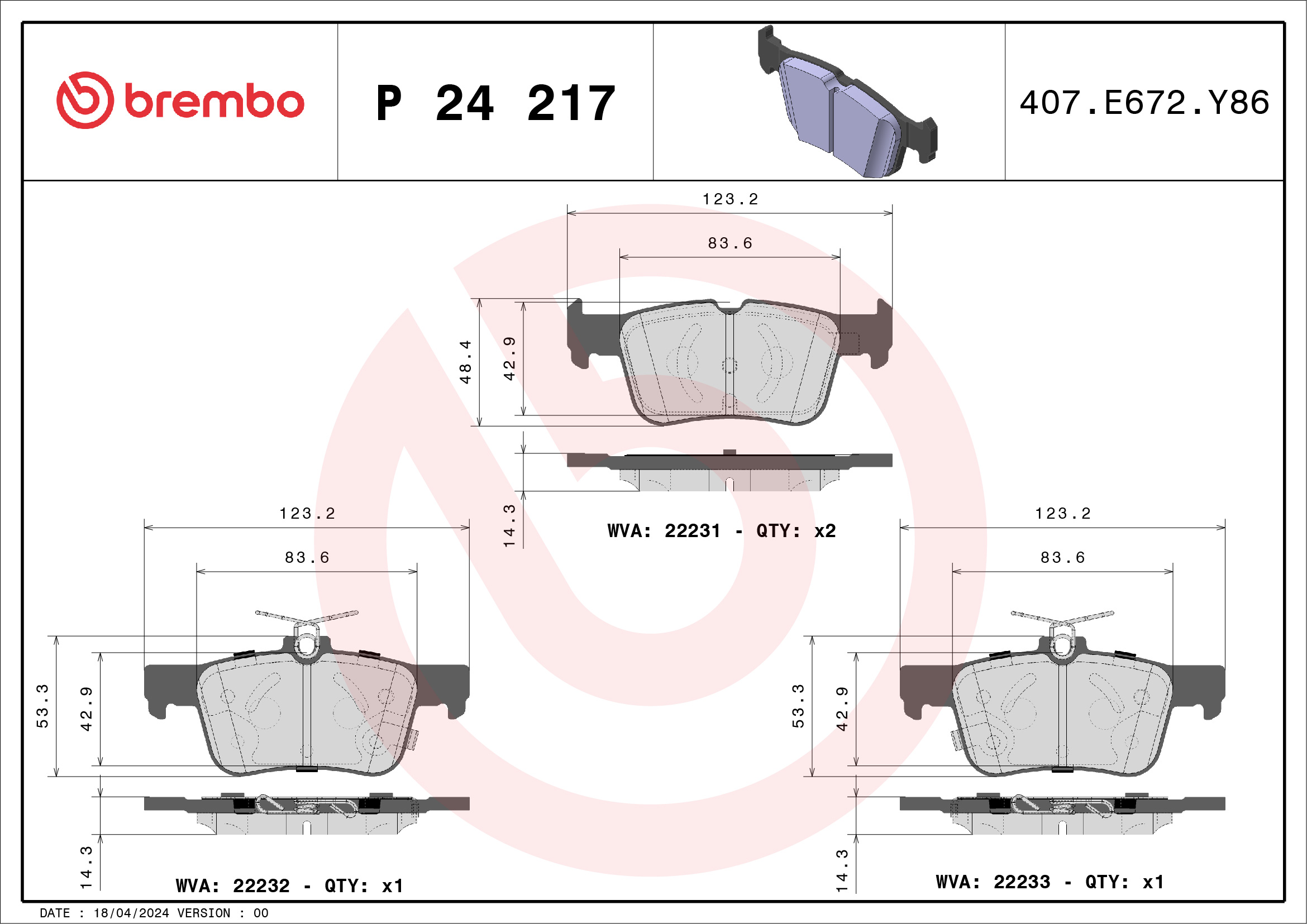 stabdžių trinkelių rinkinys, diskinis stabdys - P 24 217 BREMBO