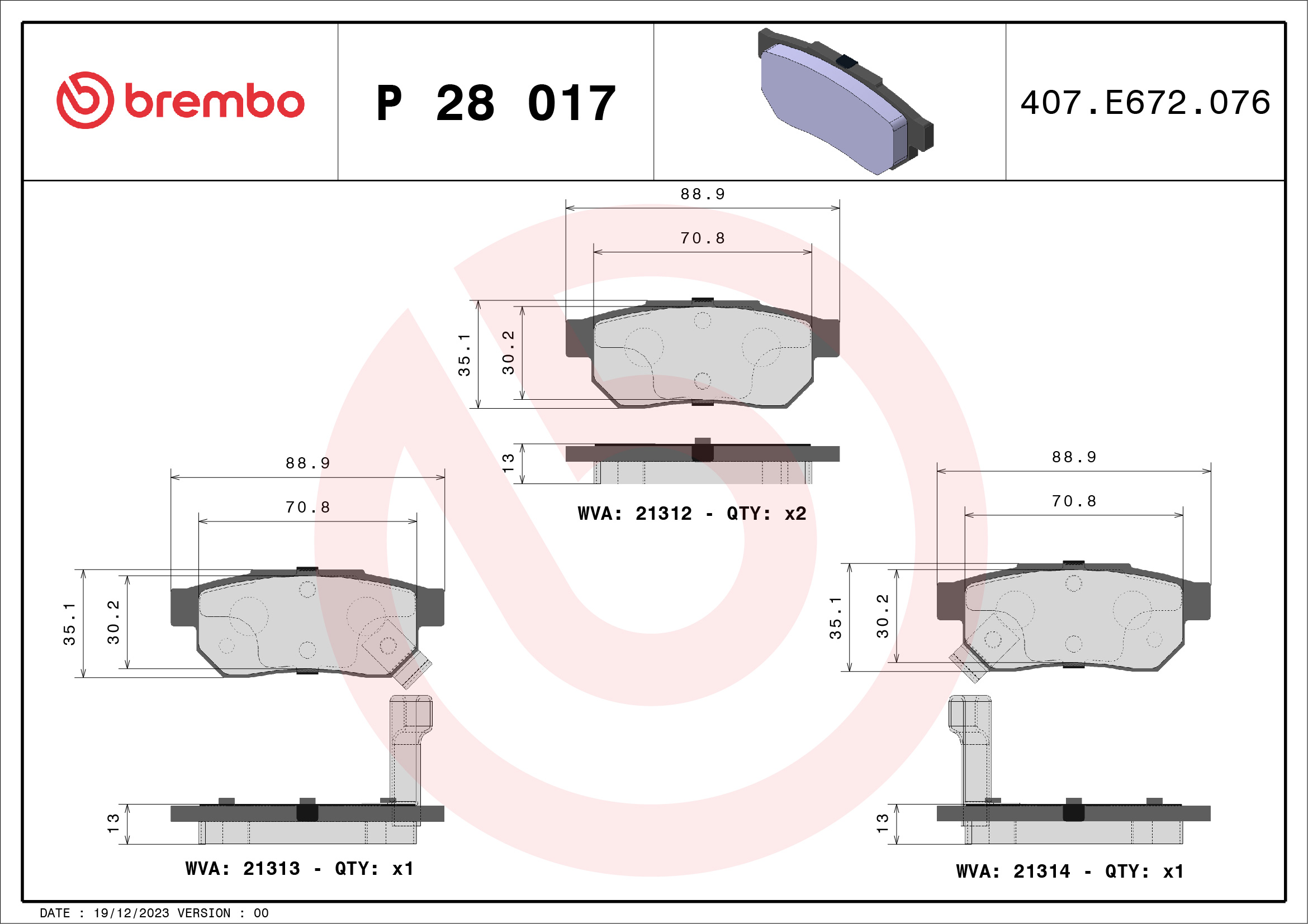 Brake Pad Set, disc brake - P 28 017 BREMBO