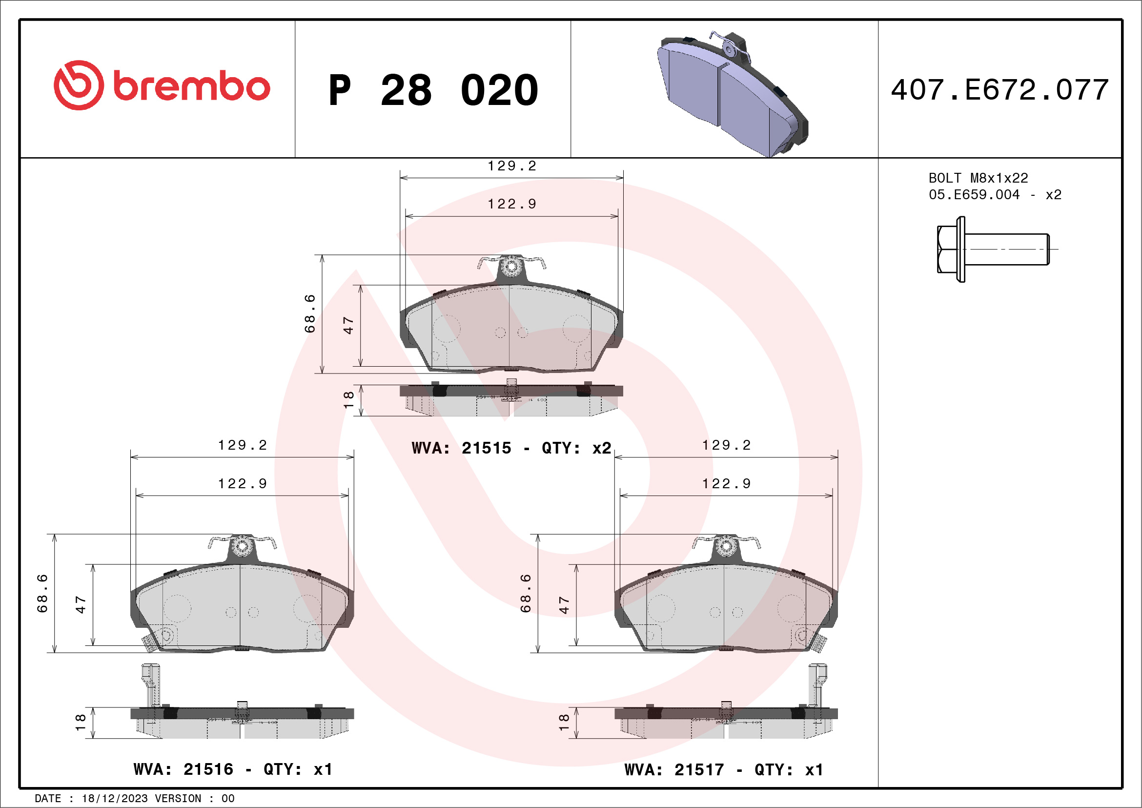 Комплект тормозных колодок, дисковый тормоз - P 28 020 BREMBO