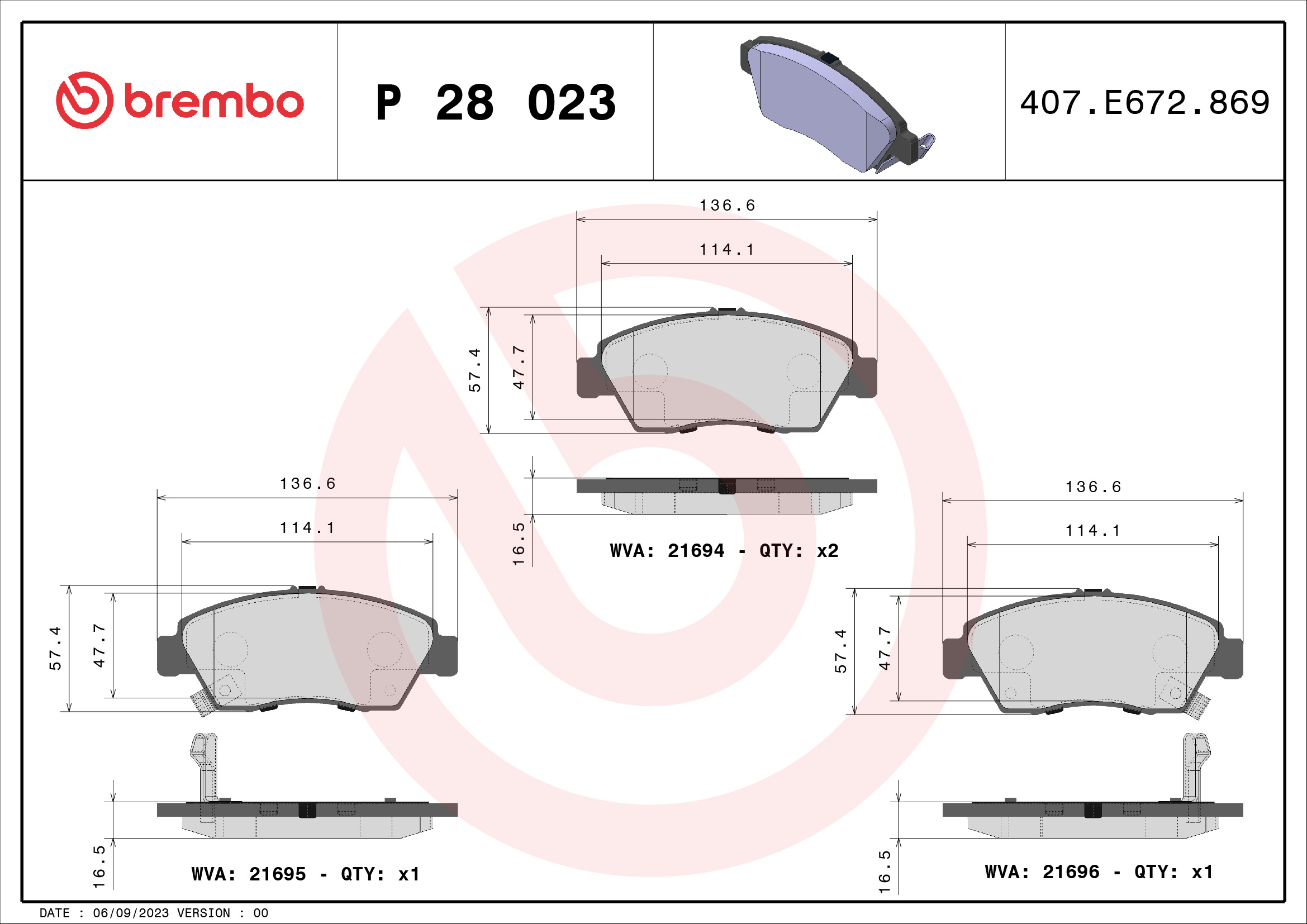 Комплект тормозных колодок, дисковый тормоз - P 28 023 BREMBO