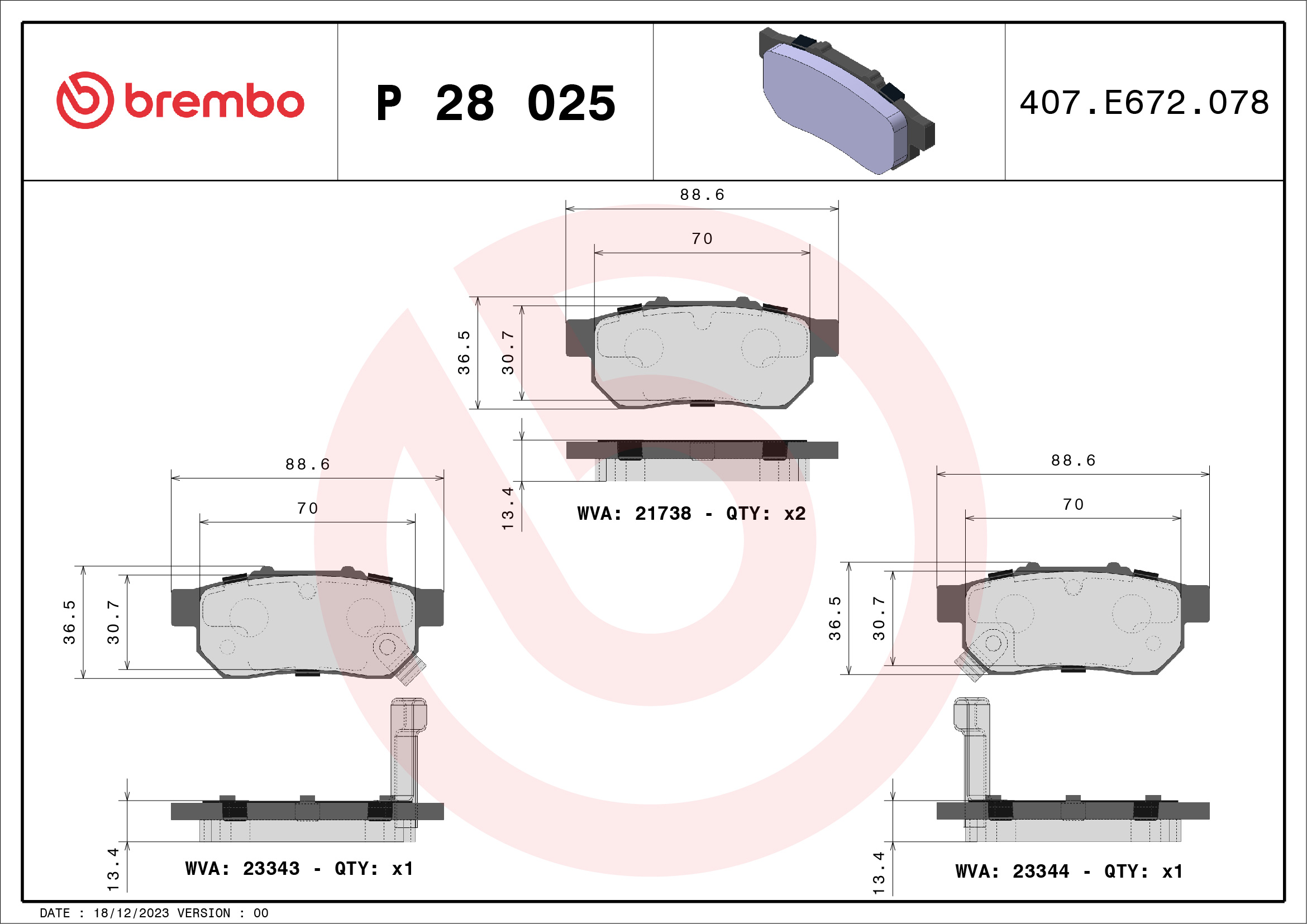 Комплект тормозных колодок, дисковый тормоз - P 28 025 BREMBO