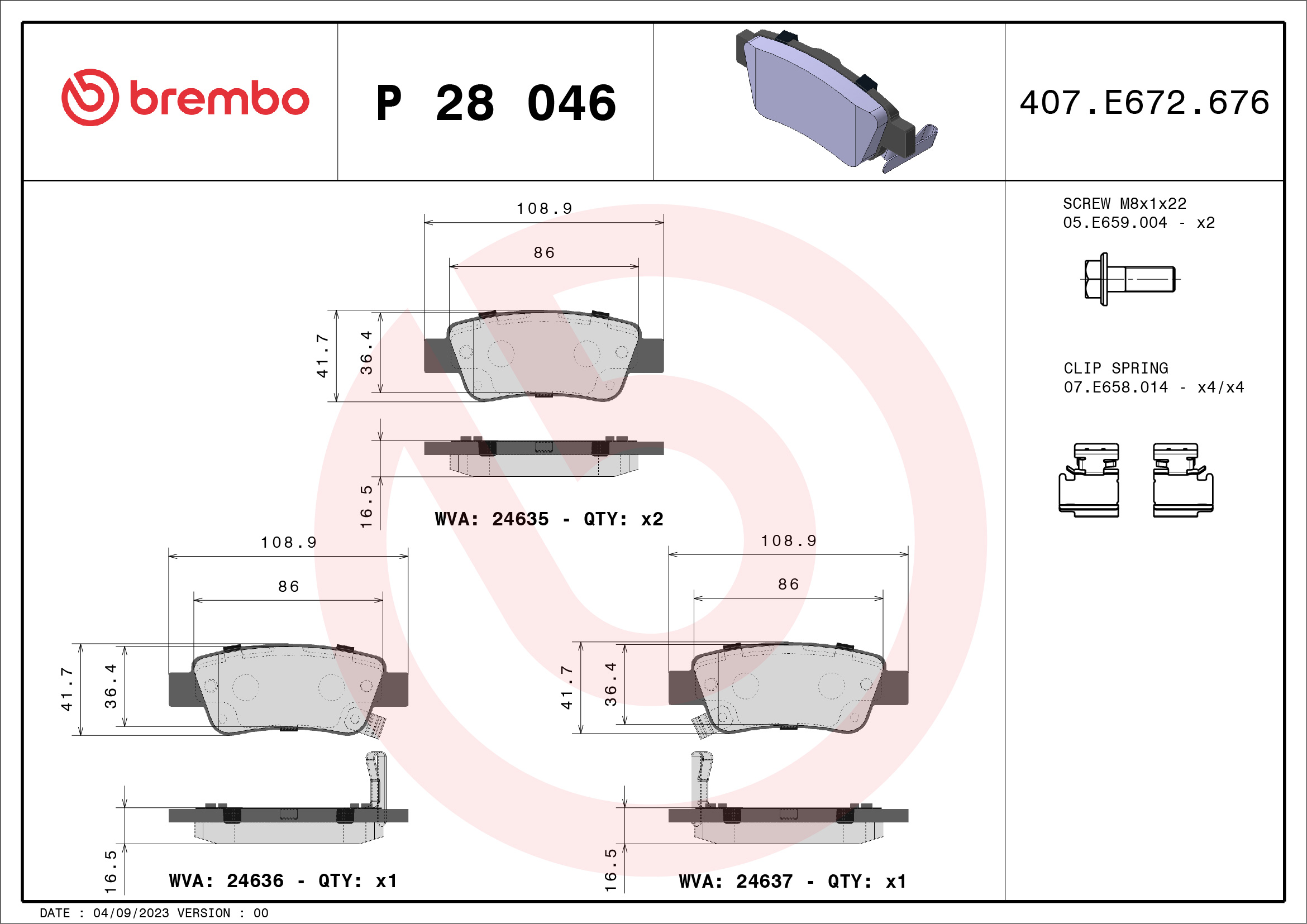 Brake Pad Set, disc brake - P 28 046 BREMBO