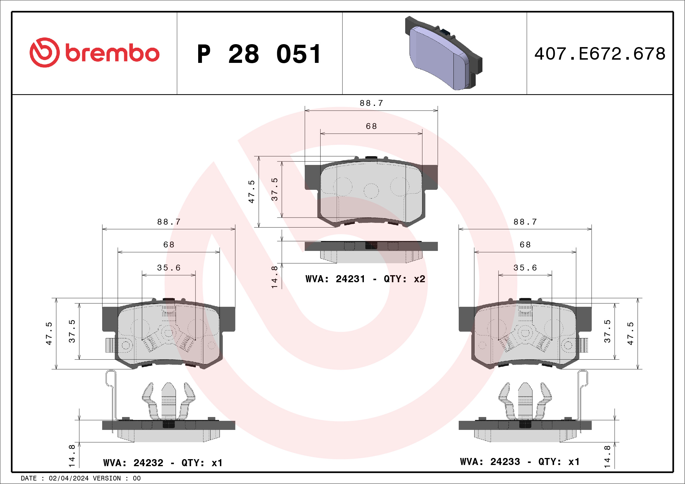 stabdžių trinkelių rinkinys, diskinis stabdys - P 28 051 BREMBO