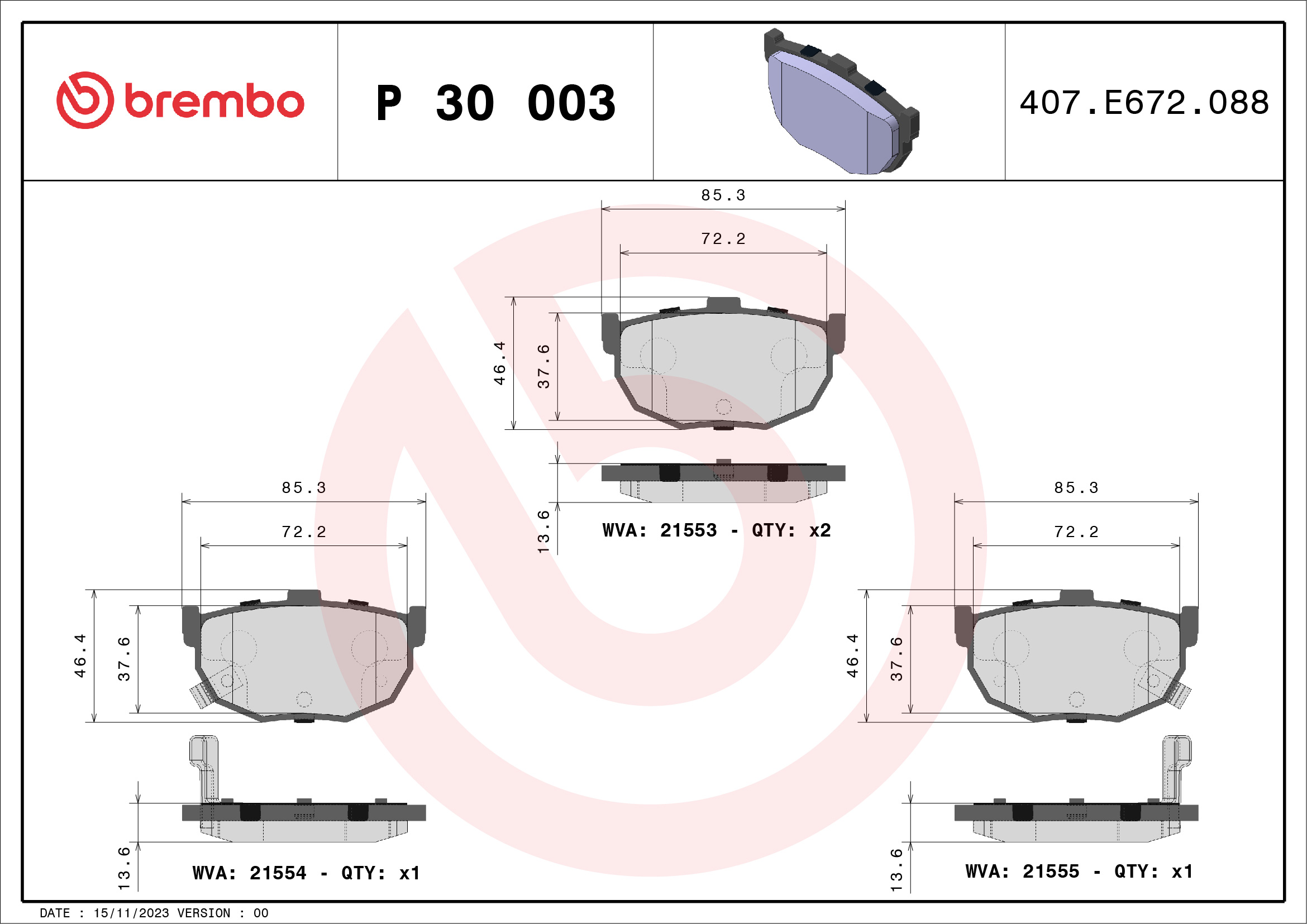 Brake Pad Set, disc brake - P 30 003 BREMBO