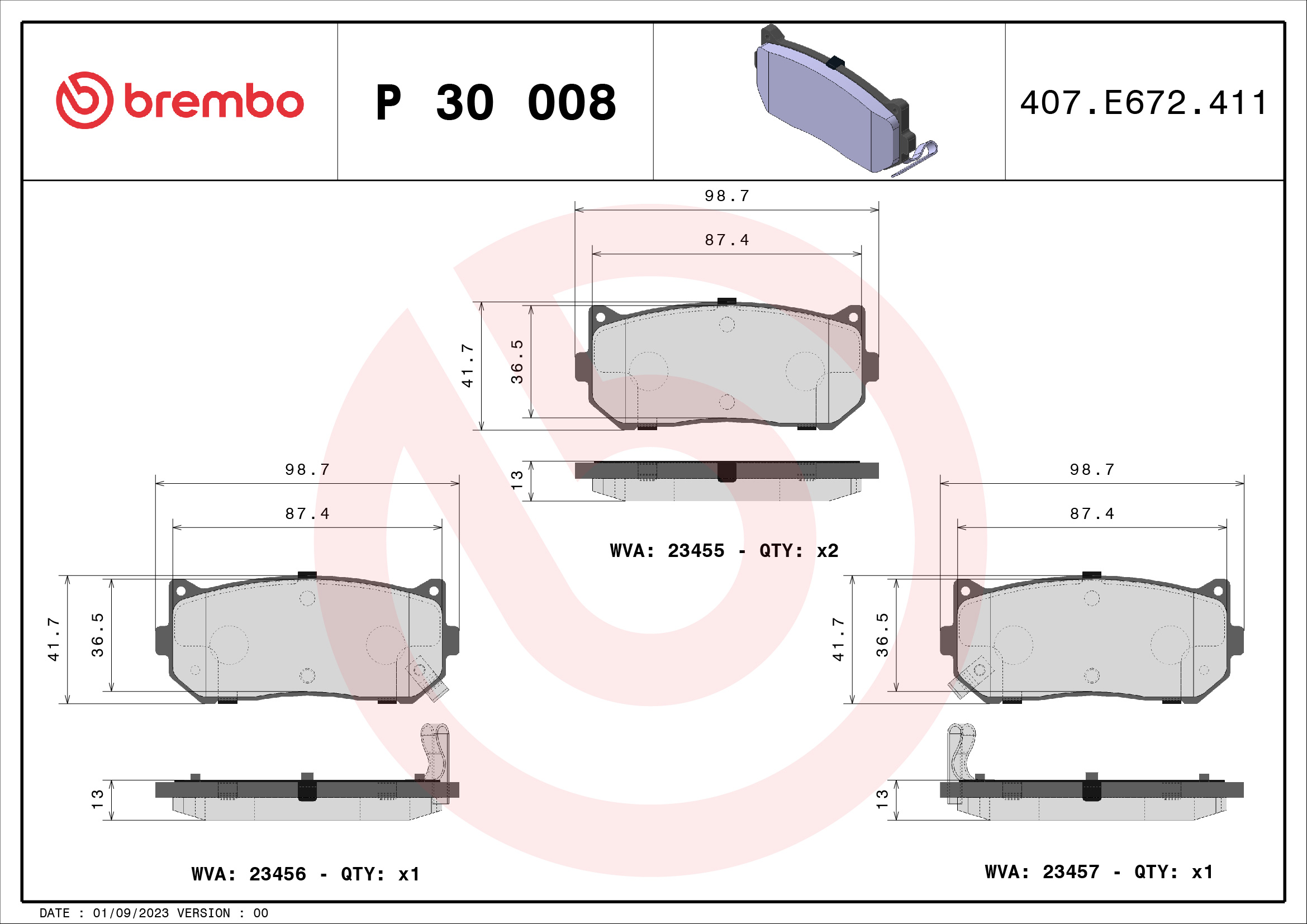 Brake Pad Set, disc brake - P 30 008 BREMBO