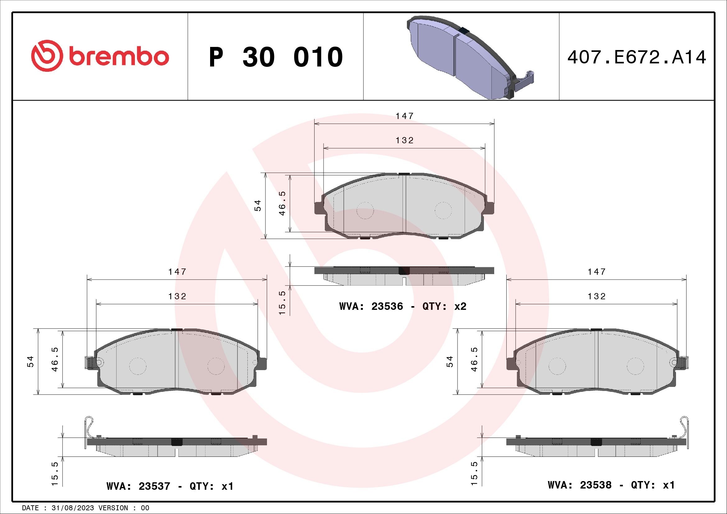 stabdžių trinkelių rinkinys, diskinis stabdys - P 30 010 BREMBO