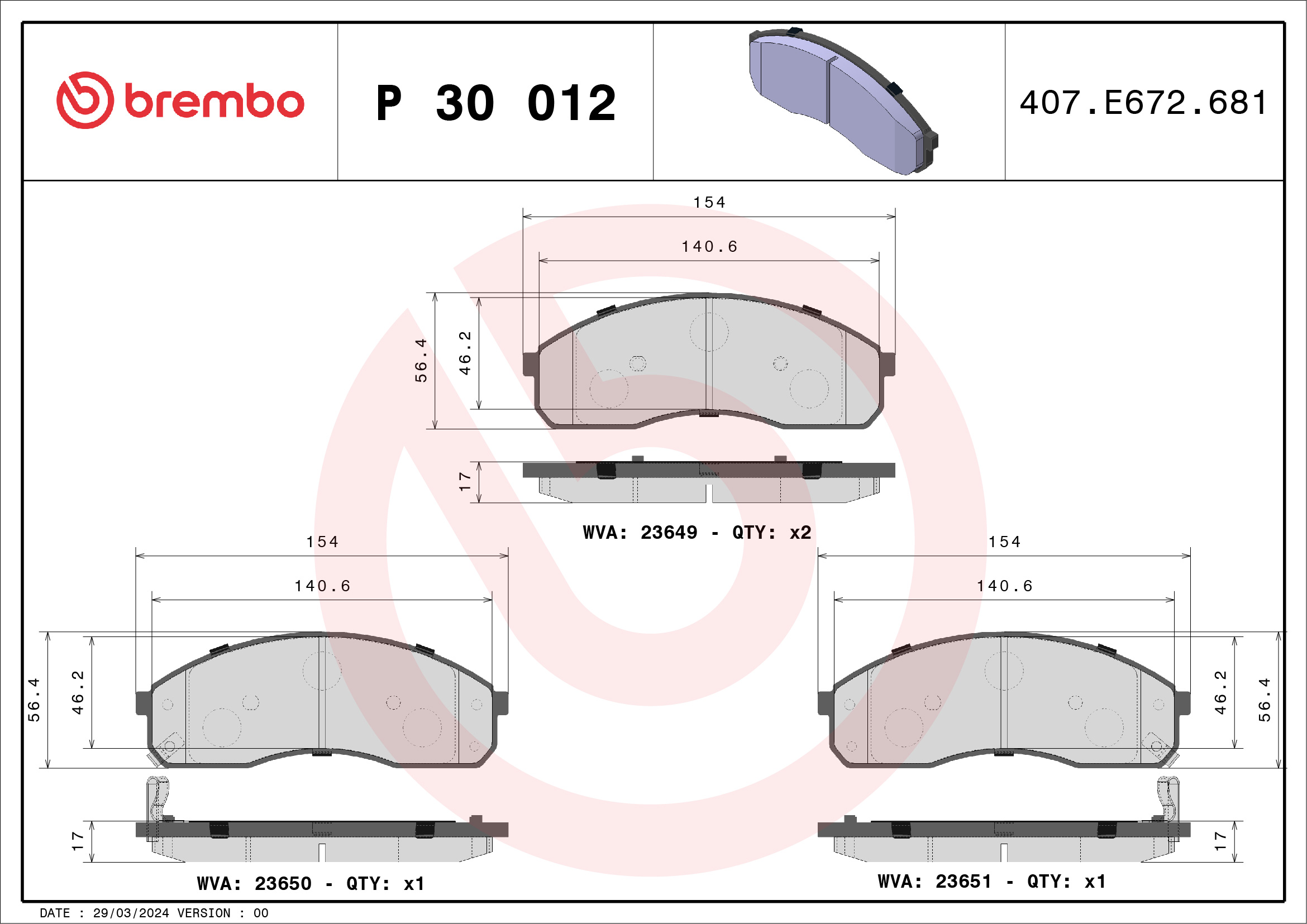 Kit pastiglie freno, Freno a disco - P 30 012 BREMBO