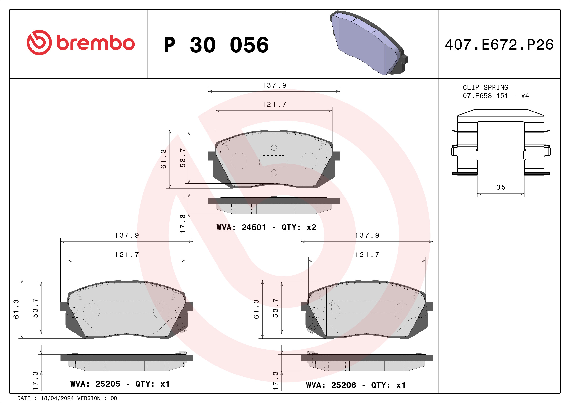 stabdžių trinkelių rinkinys, diskinis stabdys - P 30 056 BREMBO