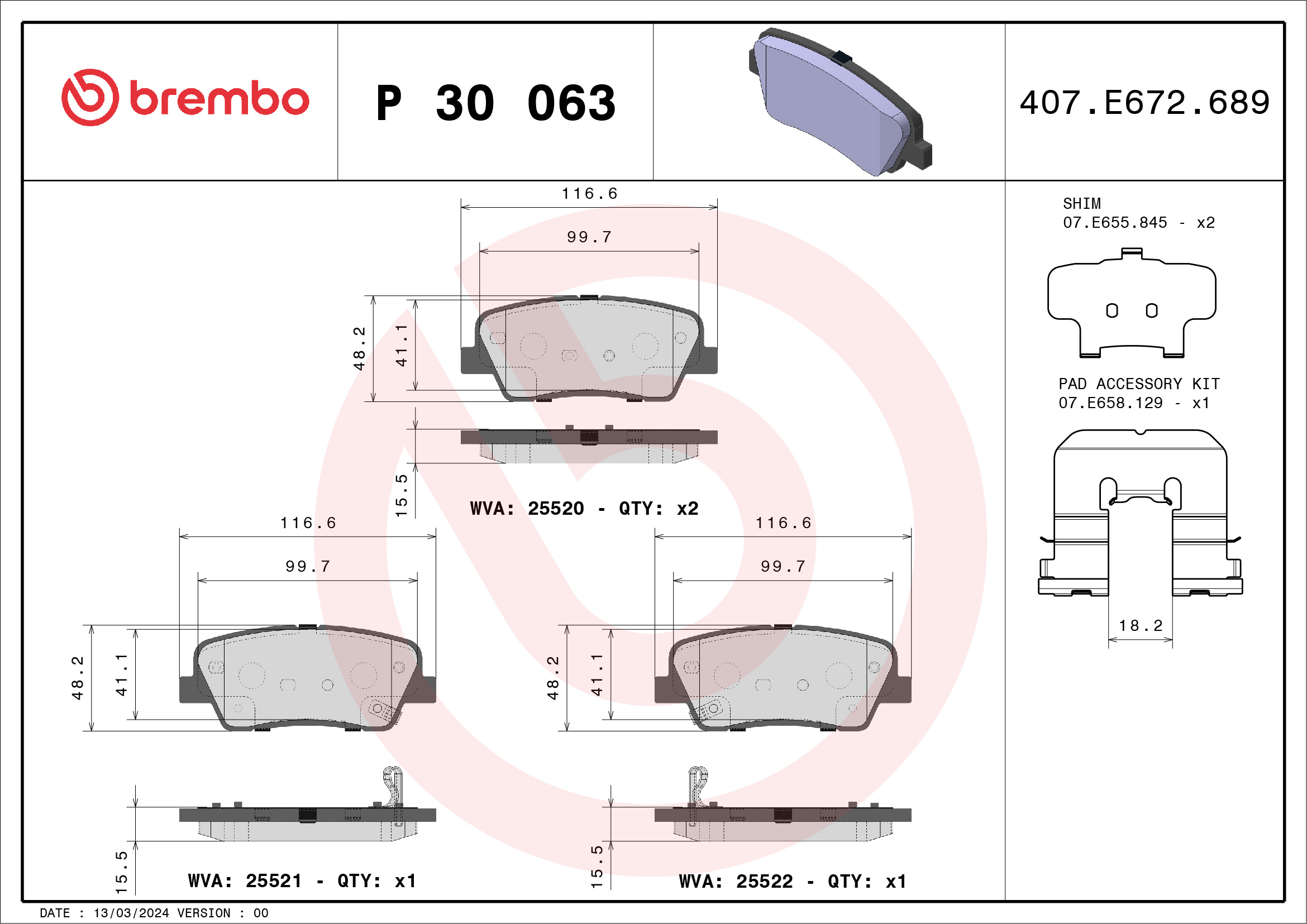 Bremsbelagsatz, Scheibenbremse - P 30 063 BREMBO