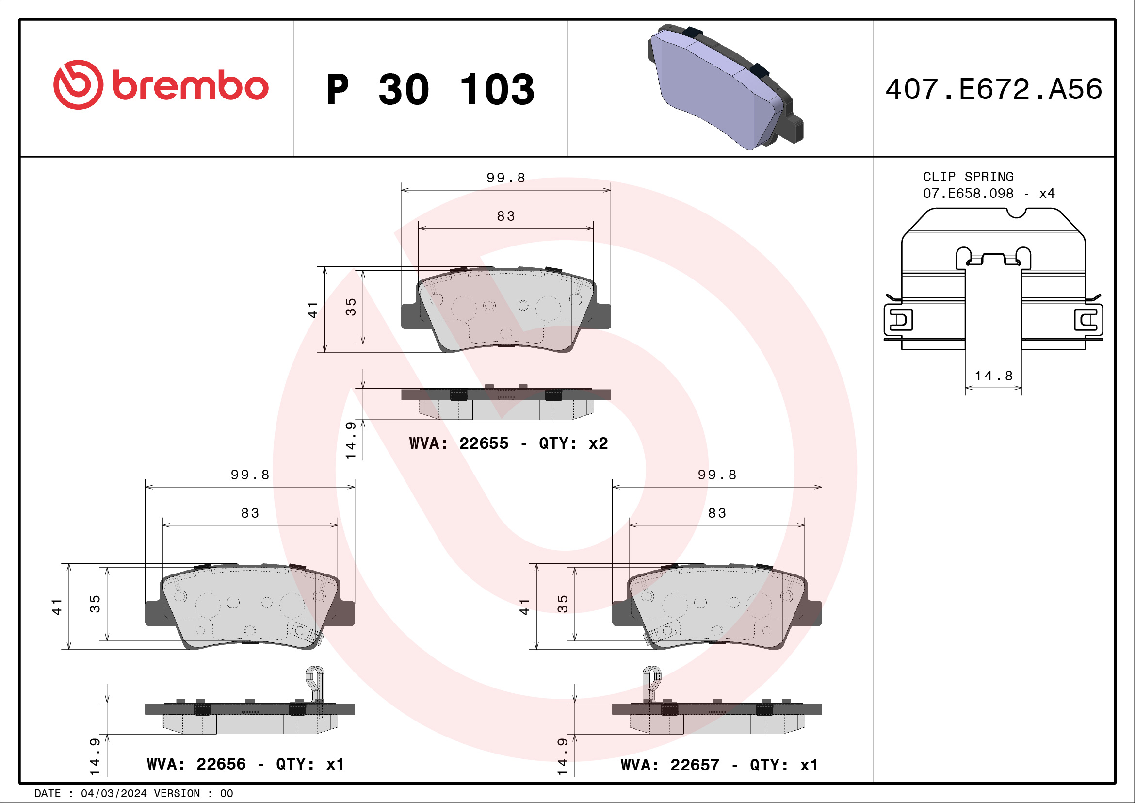 Brake Pad Set, disc brake - P 30 103 BREMBO