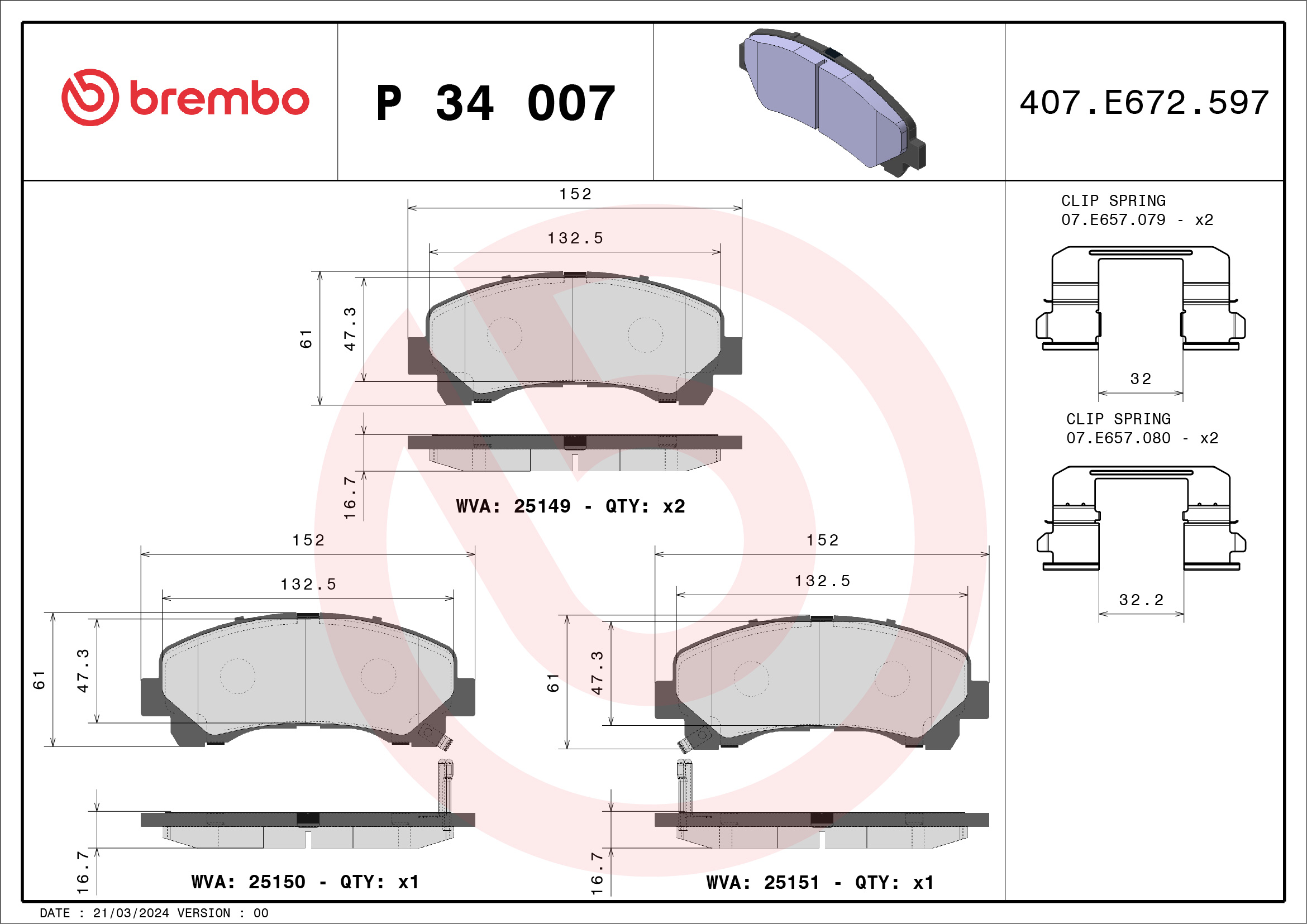 stabdžių trinkelių rinkinys, diskinis stabdys - P 34 007 BREMBO