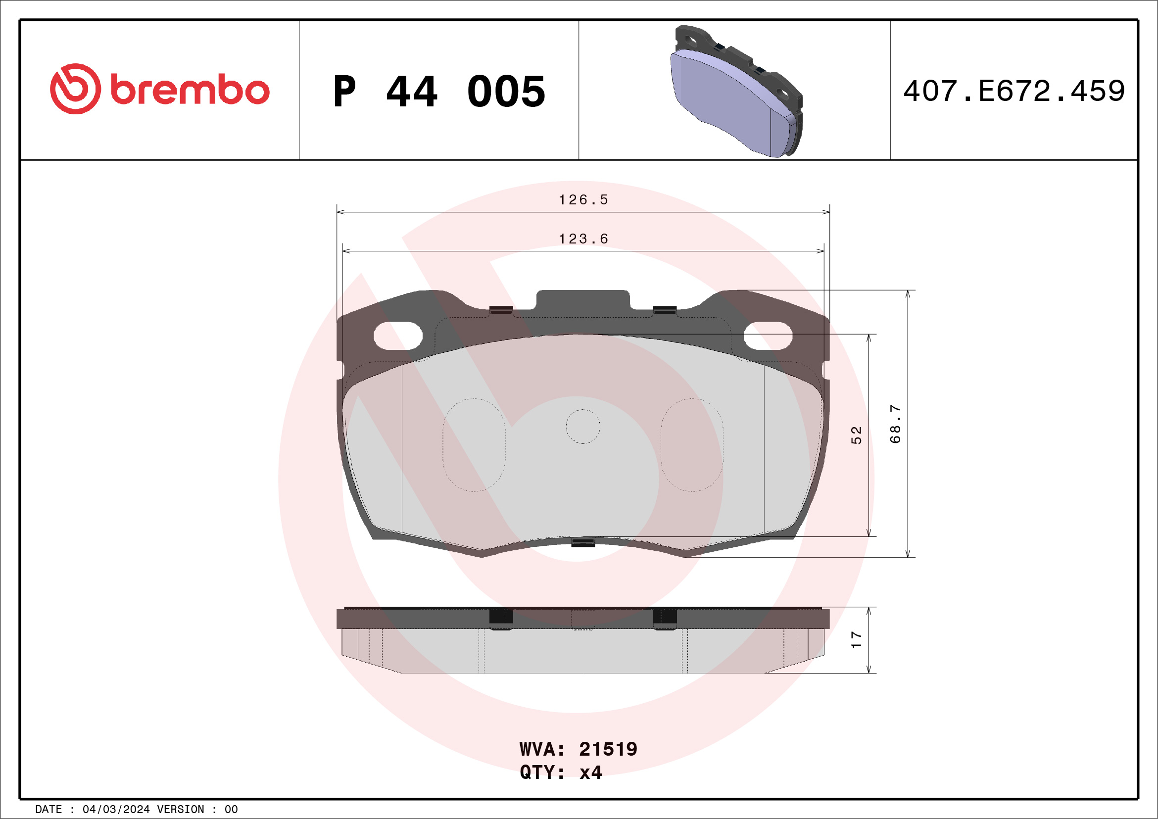 Brake Pad Set, disc brake - P 44 005 BREMBO