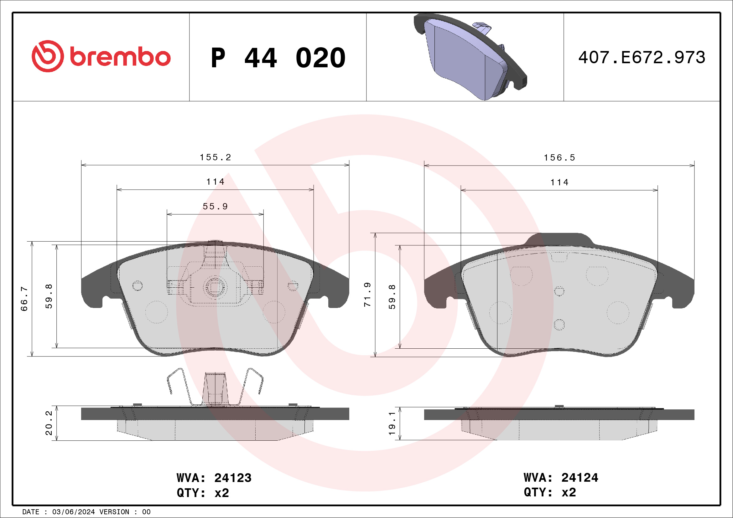 Brake Pad Set, disc brake - P 44 020 BREMBO
