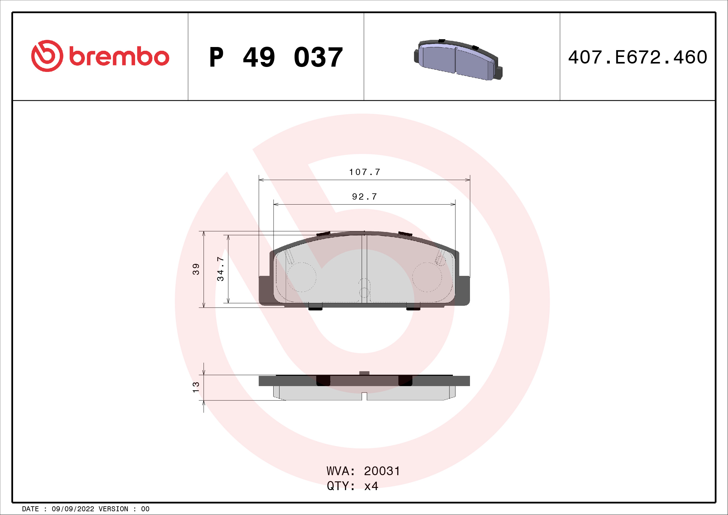 stabdžių trinkelių rinkinys, diskinis stabdys - P 49 037 BREMBO
