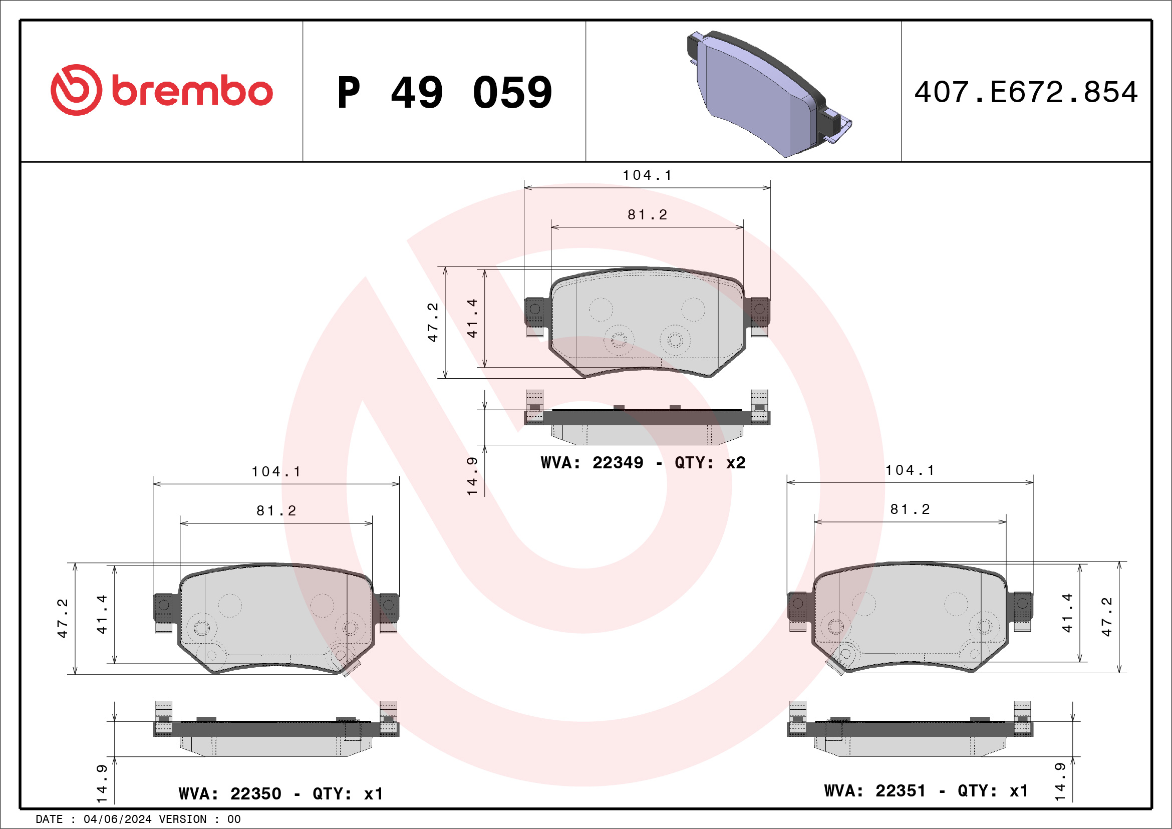 Kit pastiglie freno, Freno a disco - P 49 059 BREMBO