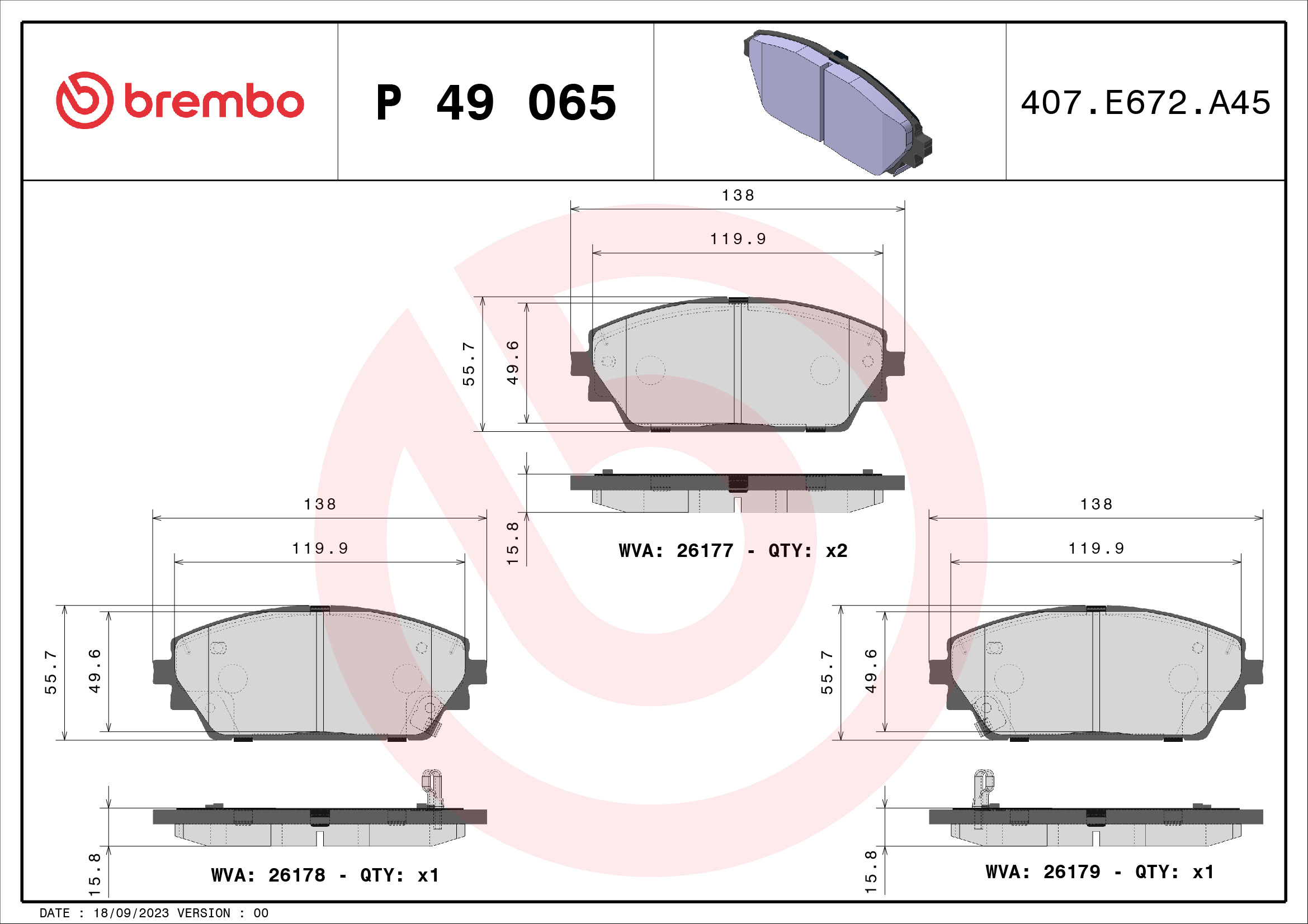 Brake Pad Set, disc brake - P 49 065 BREMBO