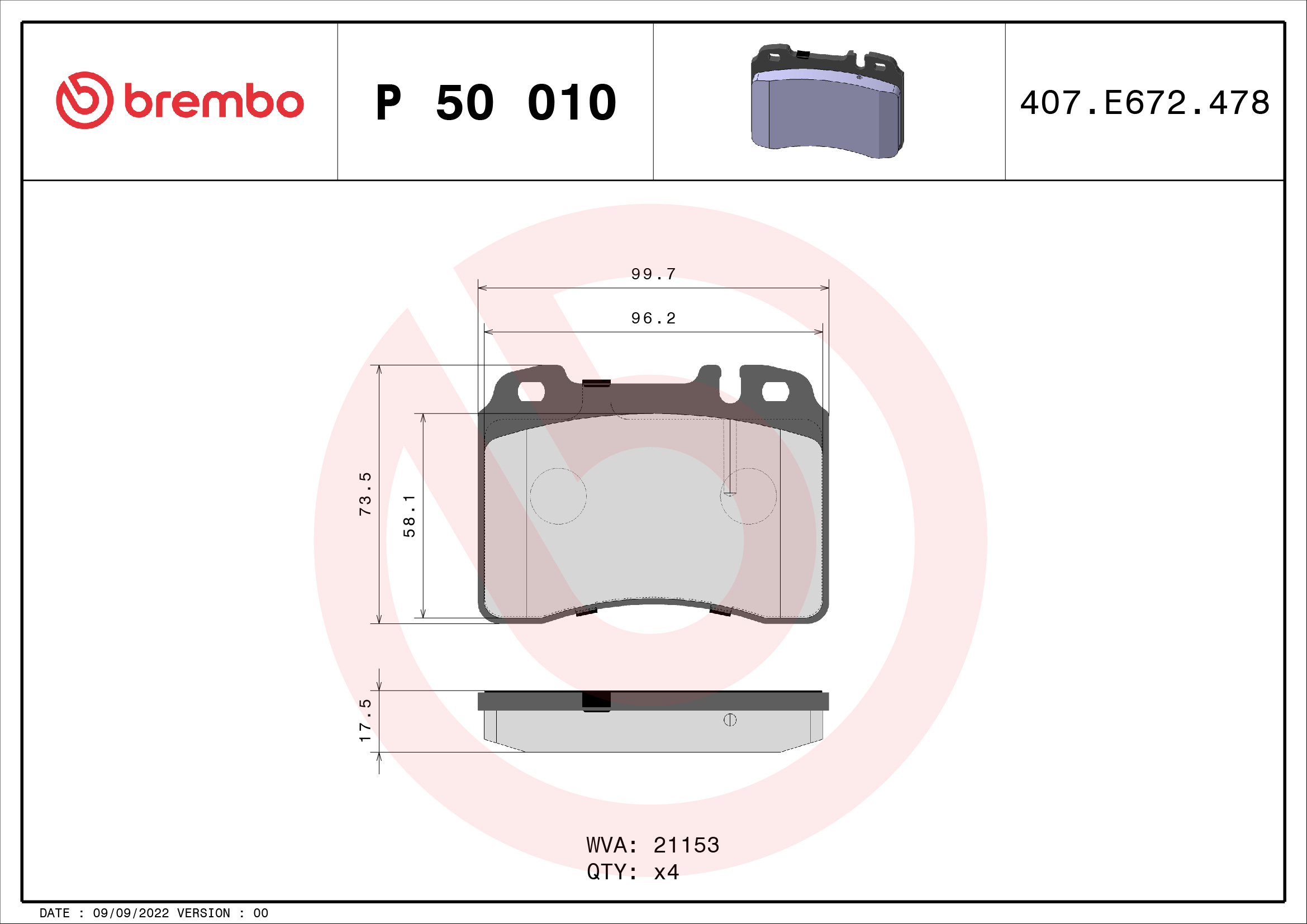 stabdžių trinkelių rinkinys, diskinis stabdys - P 50 010 BREMBO