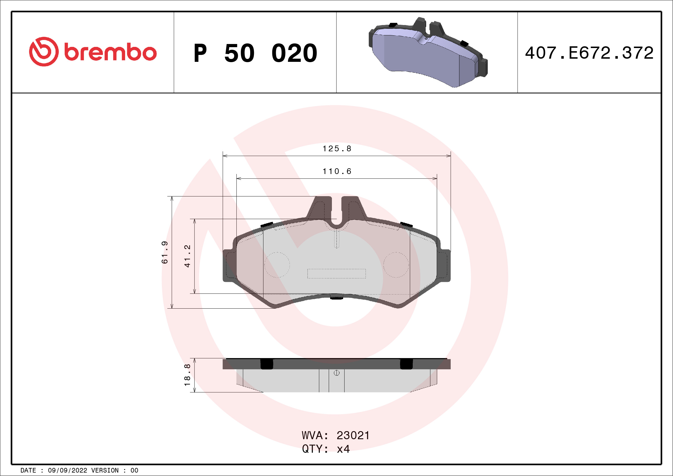 Brake Pad Set, disc brake - P 50 020 BREMBO