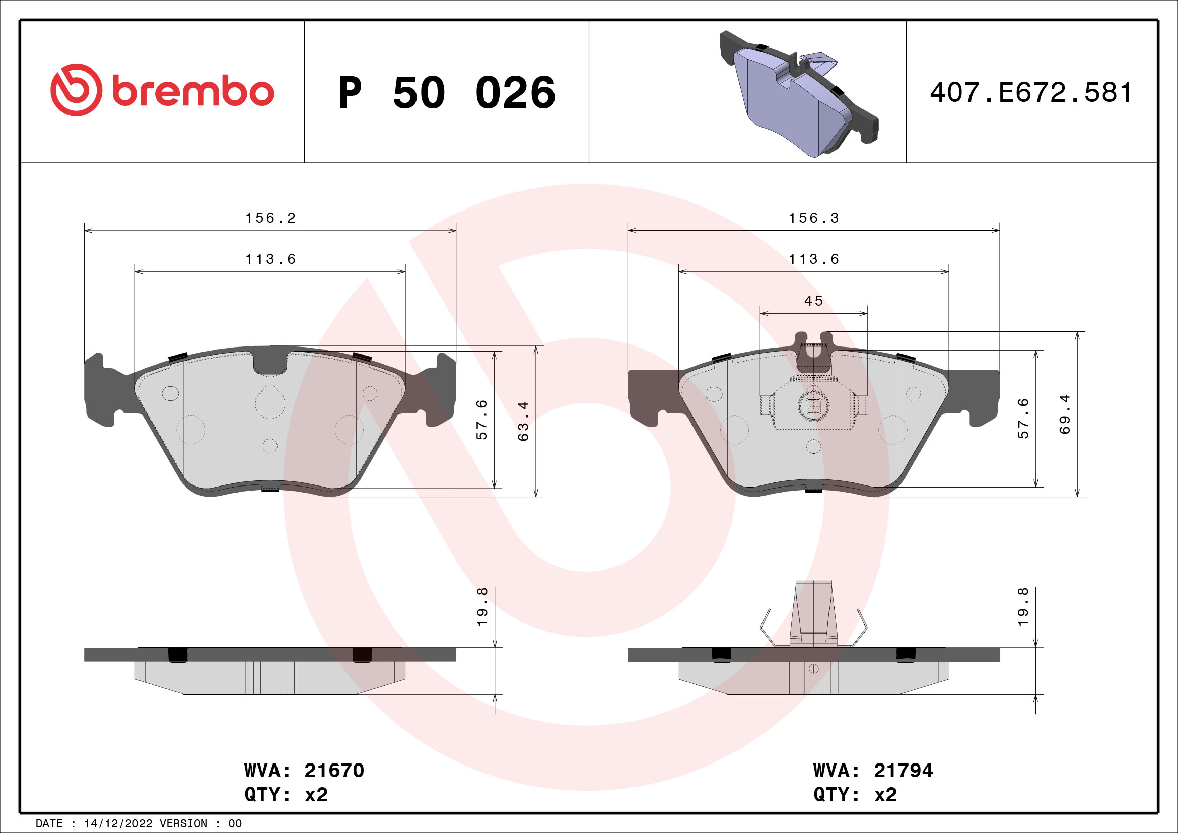 Kit pastiglie freno, Freno a disco - P 50 026 BREMBO
