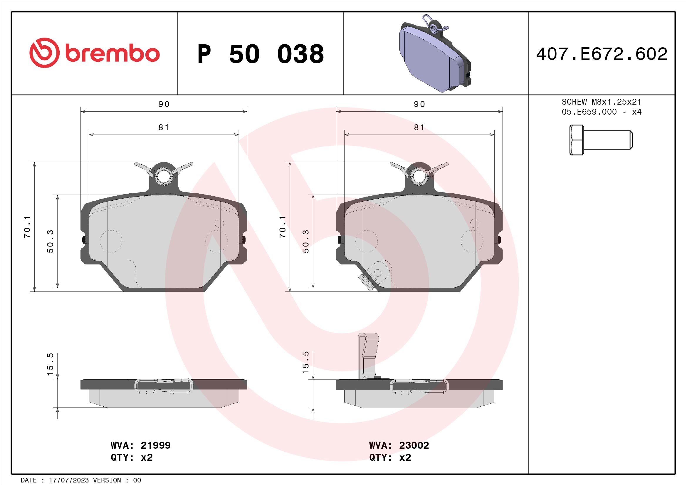 Brake Pad Set, disc brake - P 50 038 BREMBO