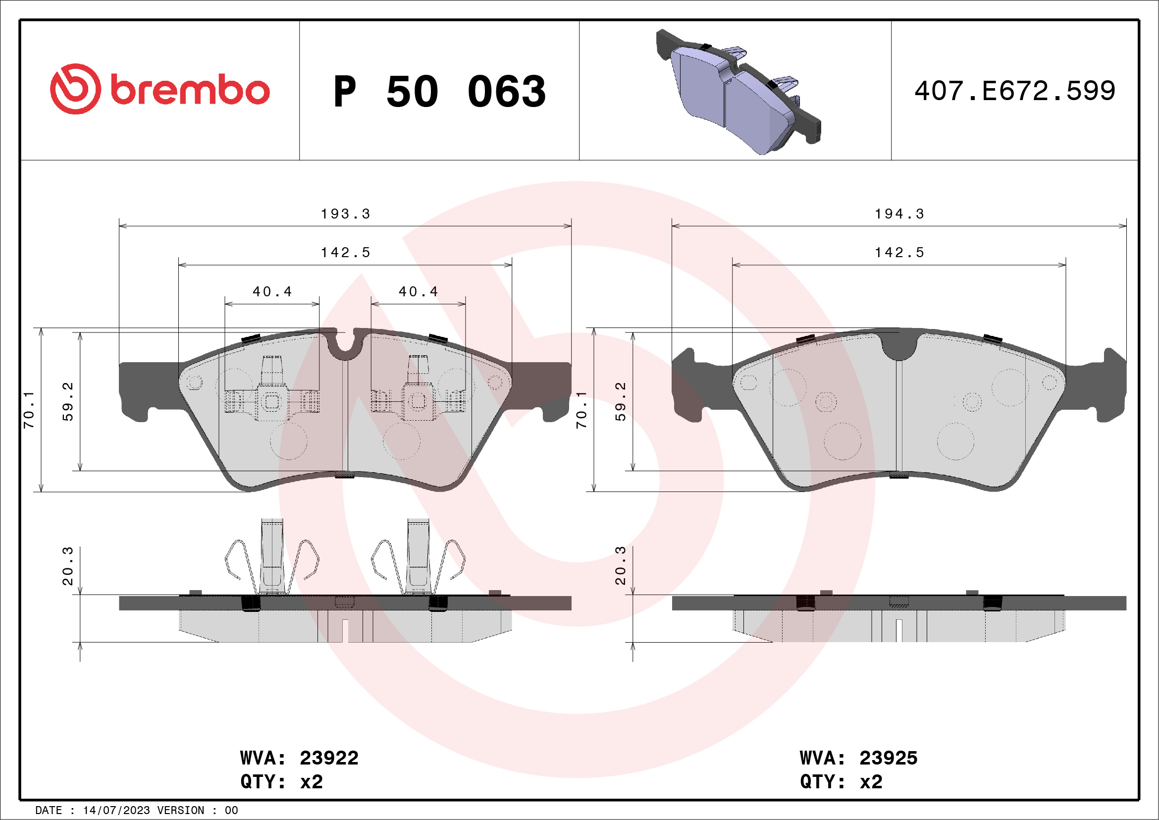 Bremsbelagsatz, Scheibenbremse - P 50 063 BREMBO