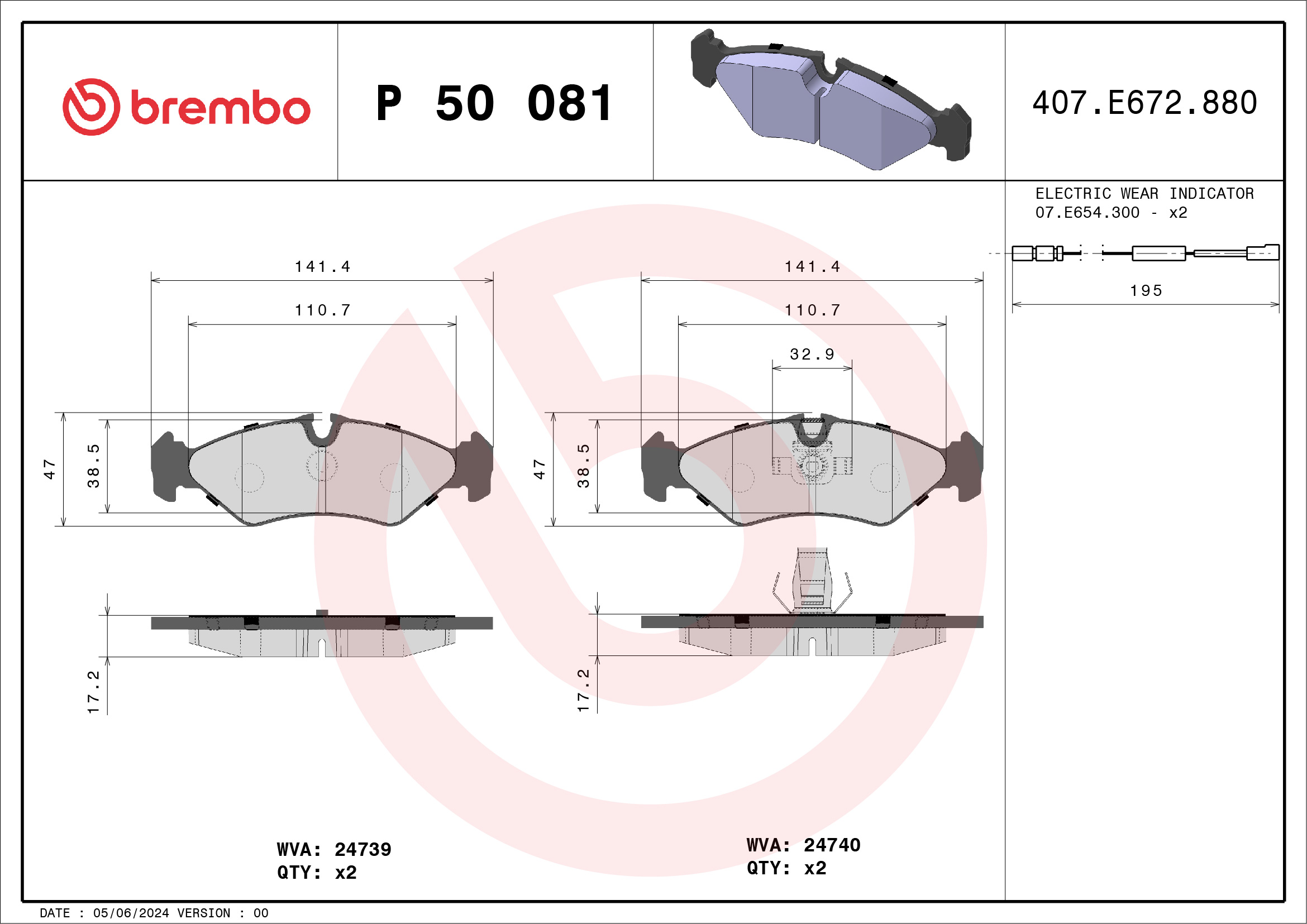 Комплект тормозных колодок, дисковый тормоз - P 50 081 BREMBO