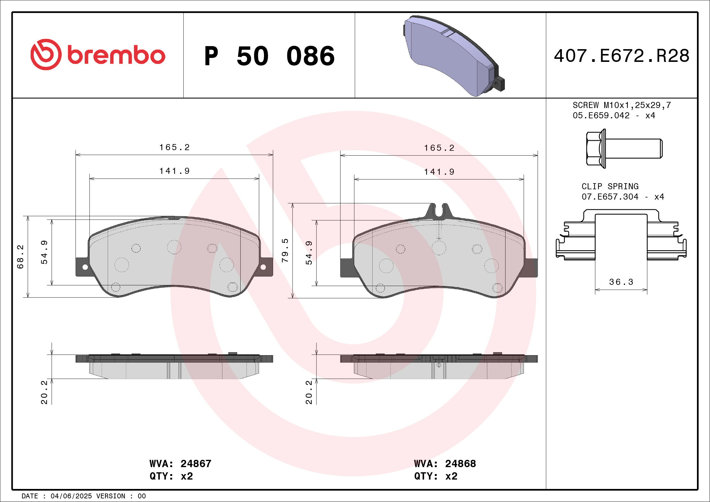 Brake Pad Set, disc brake - P 50 086 BREMBO