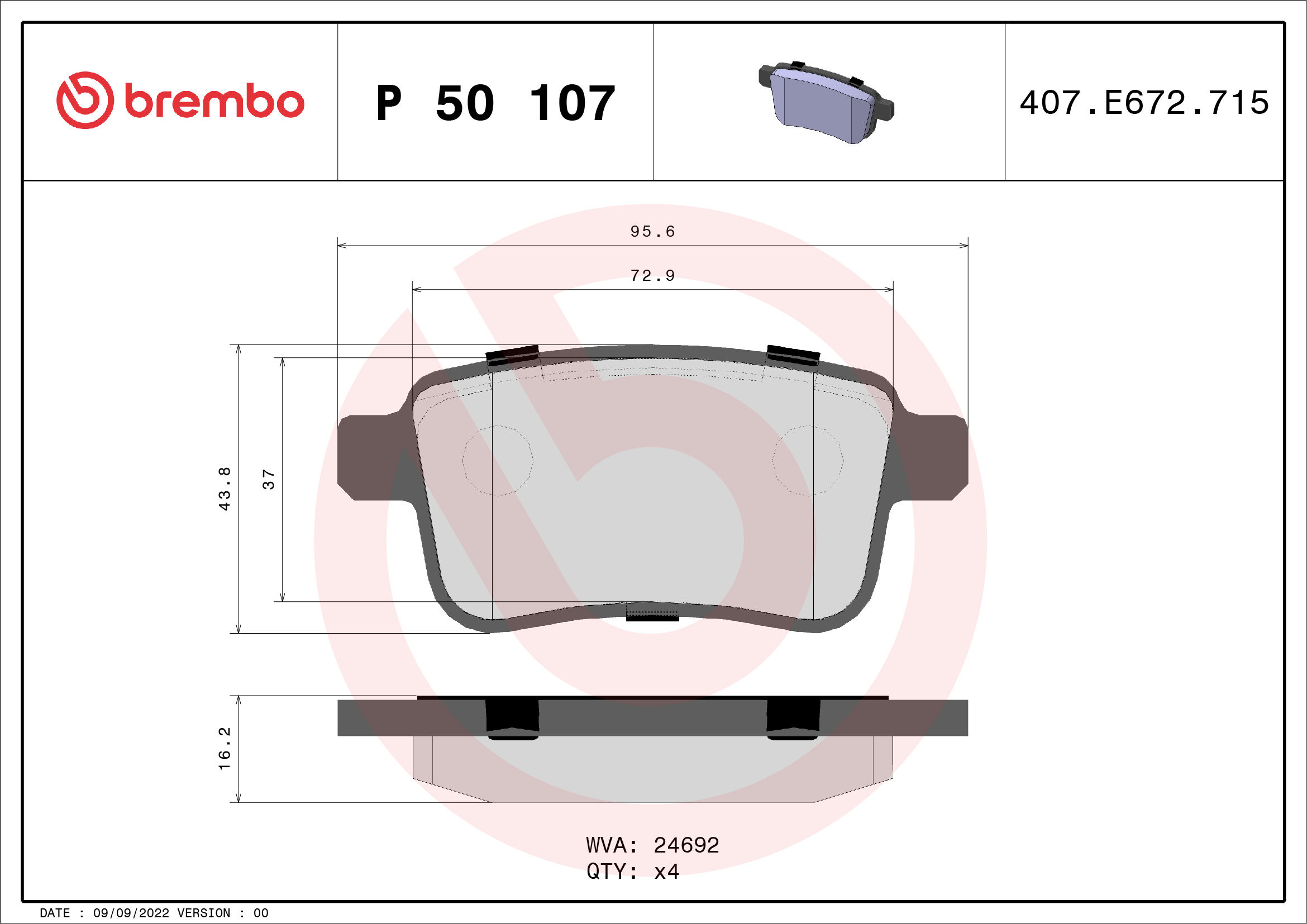 Brake Pad Set, disc brake - P 50 107 BREMBO