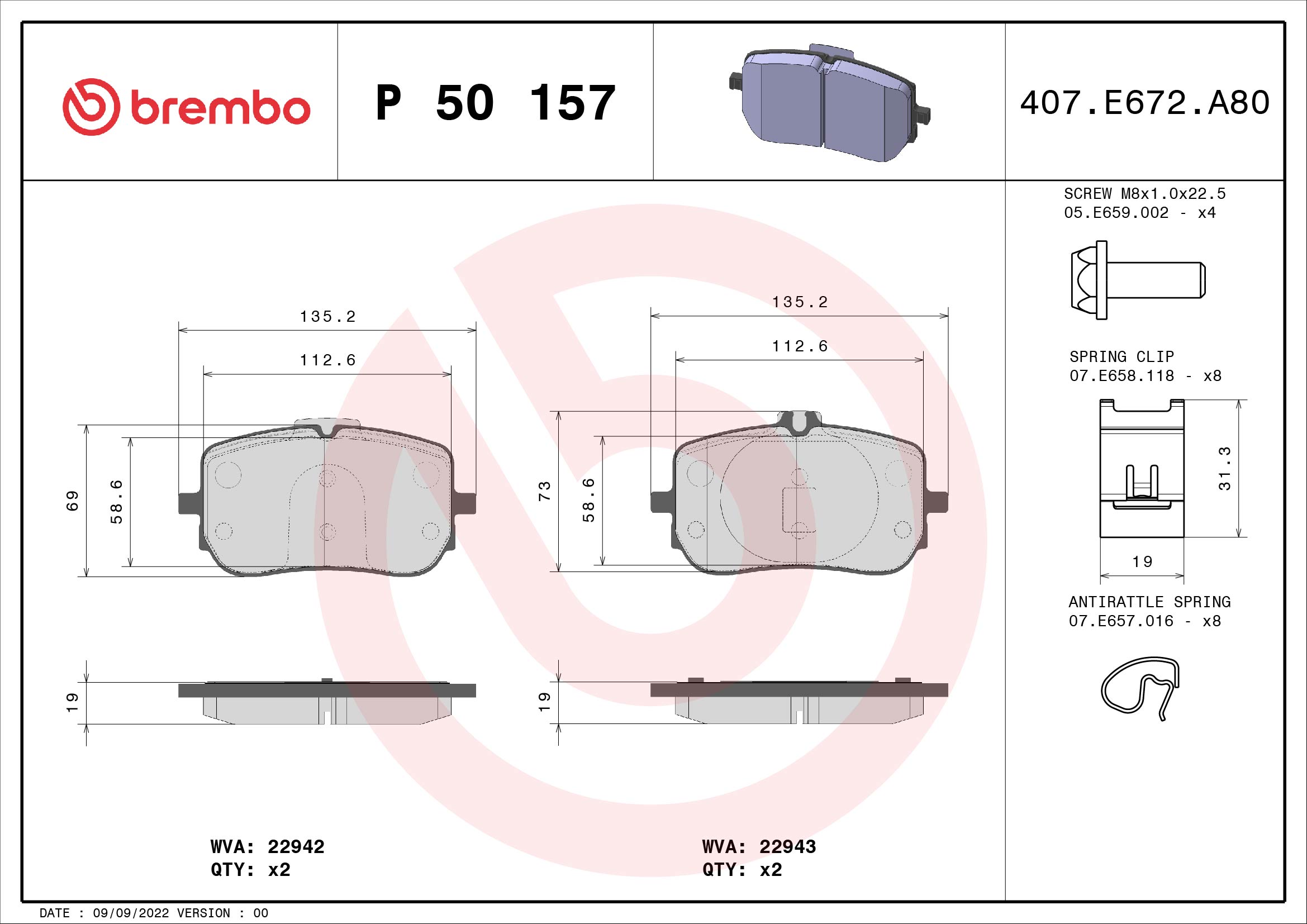 Kit pastiglie freno, Freno a disco - P 50 157 BREMBO