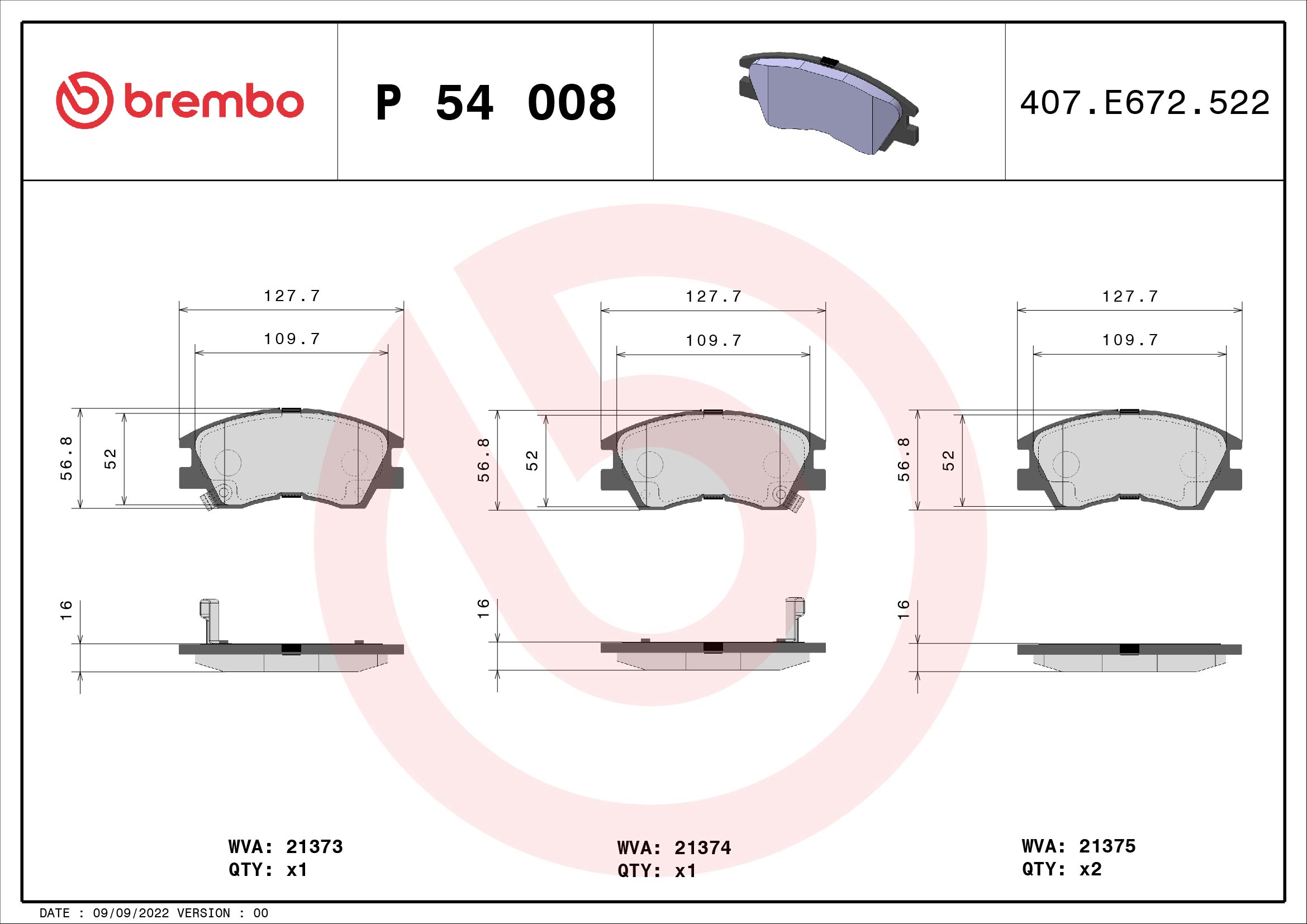 Kit pastiglie freno, Freno a disco - P 54 008 BREMBO