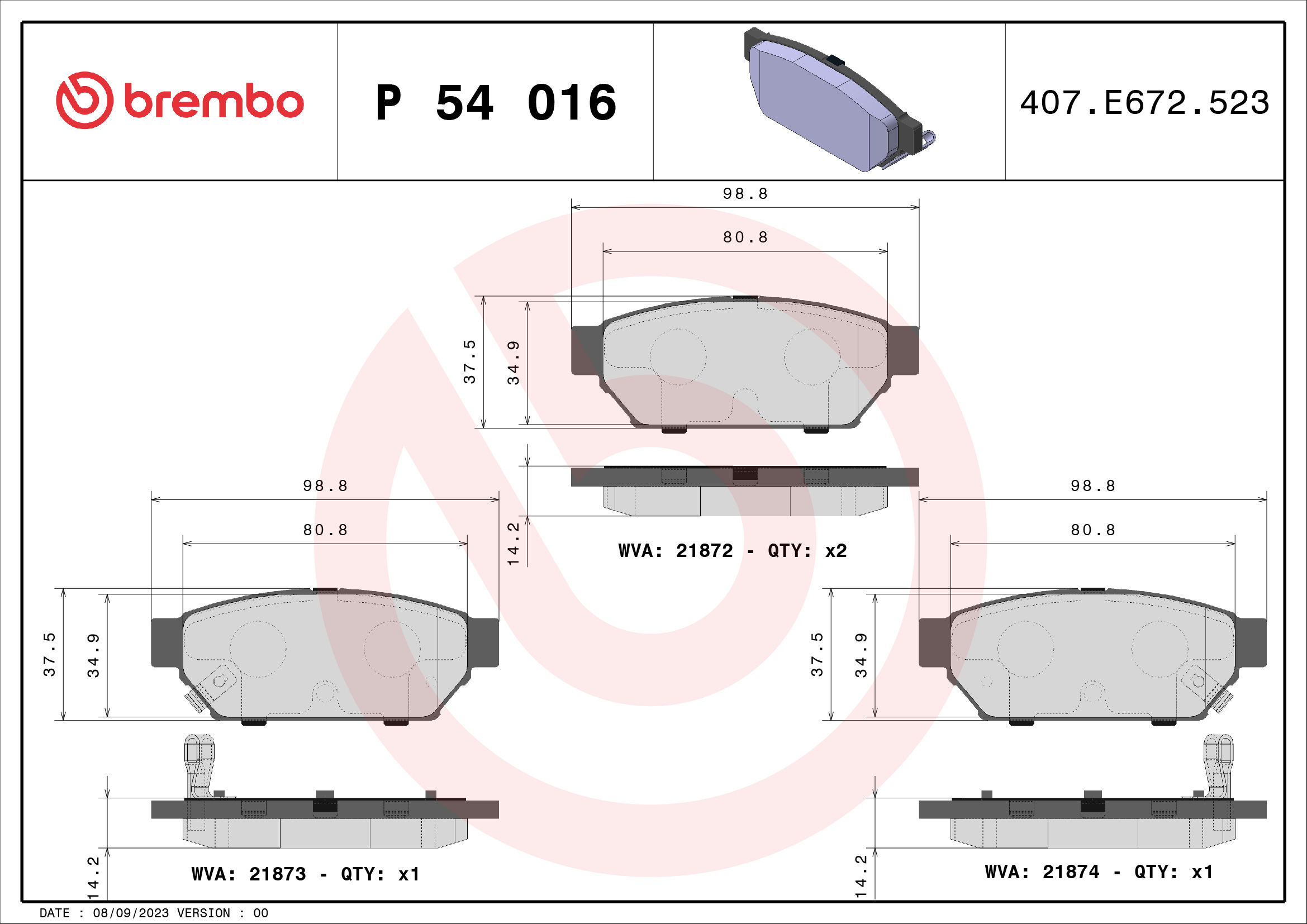 Kit pastiglie freno, Freno a disco - P 54 016 BREMBO