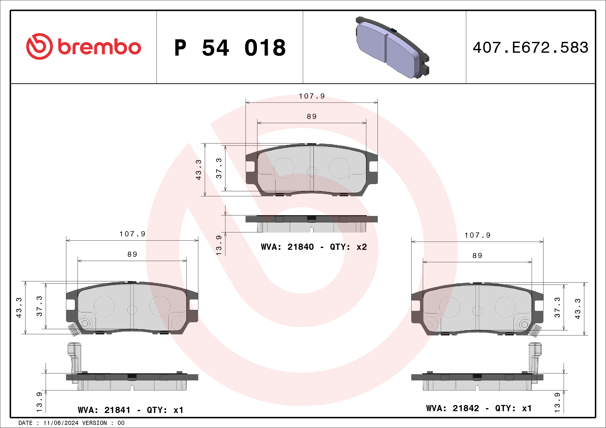 Brake Pad Set, disc brake - P 54 018 BREMBO