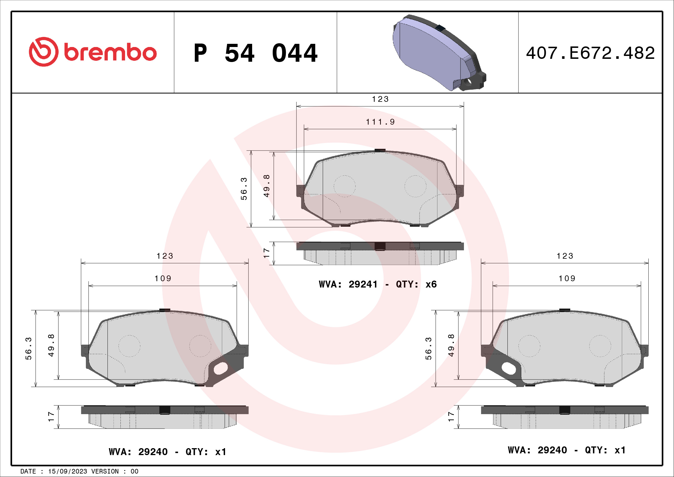 stabdžių trinkelių rinkinys, diskinis stabdys - P 54 044 BREMBO