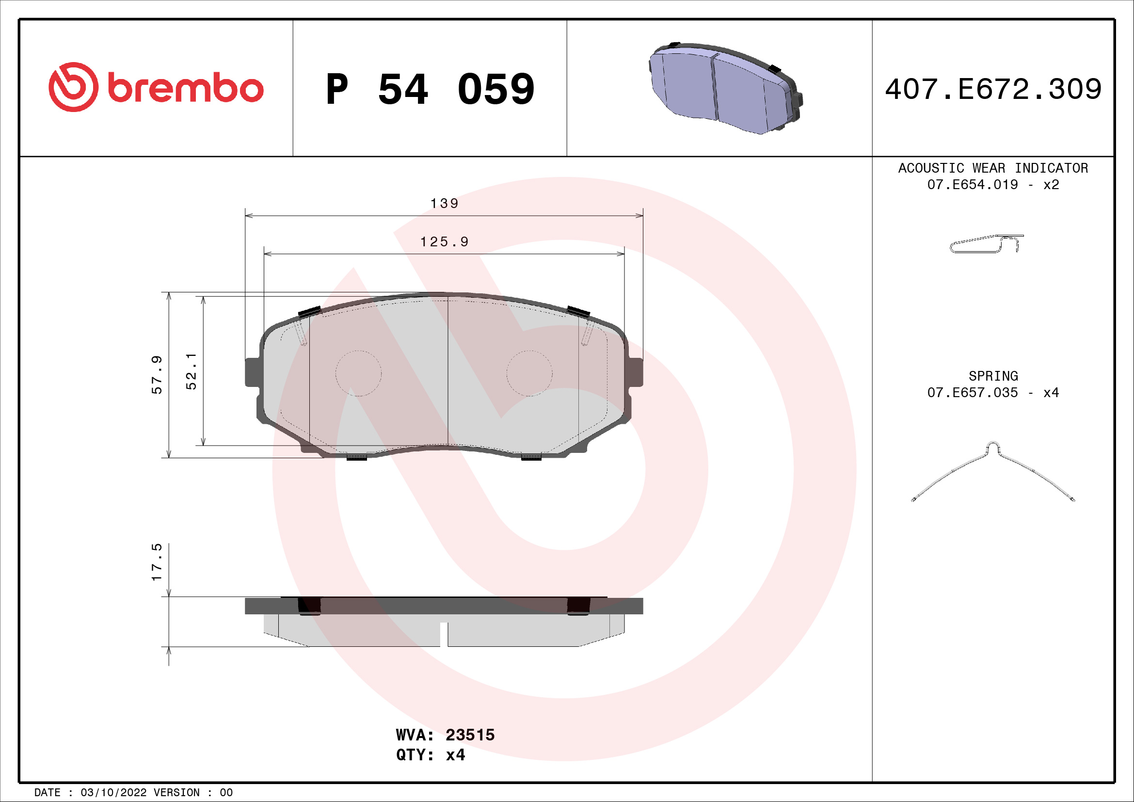Комплект тормозных колодок, дисковый тормоз - P 54 059 BREMBO