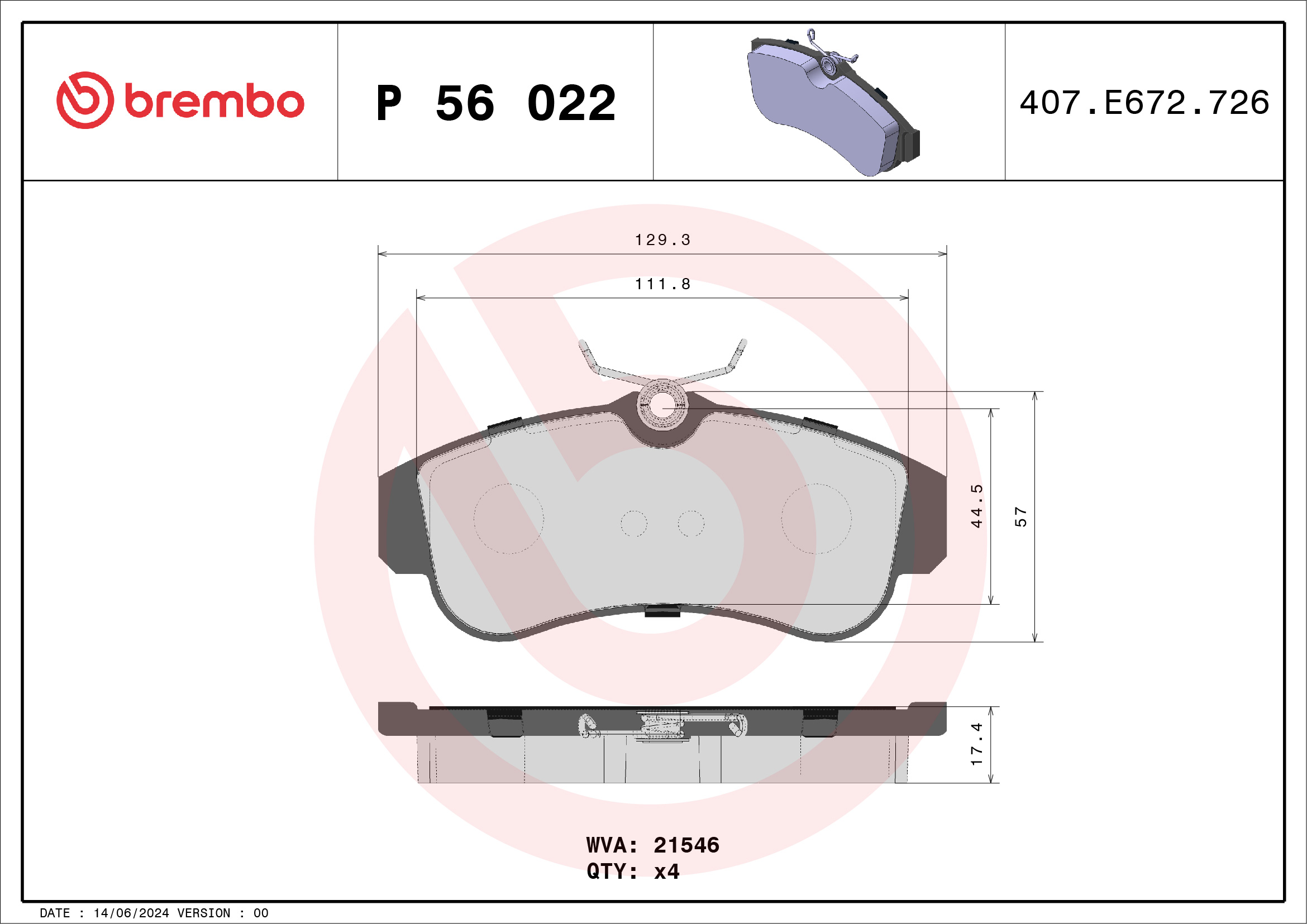 Комплект тормозных колодок, дисковый тормоз - P 56 022 BREMBO