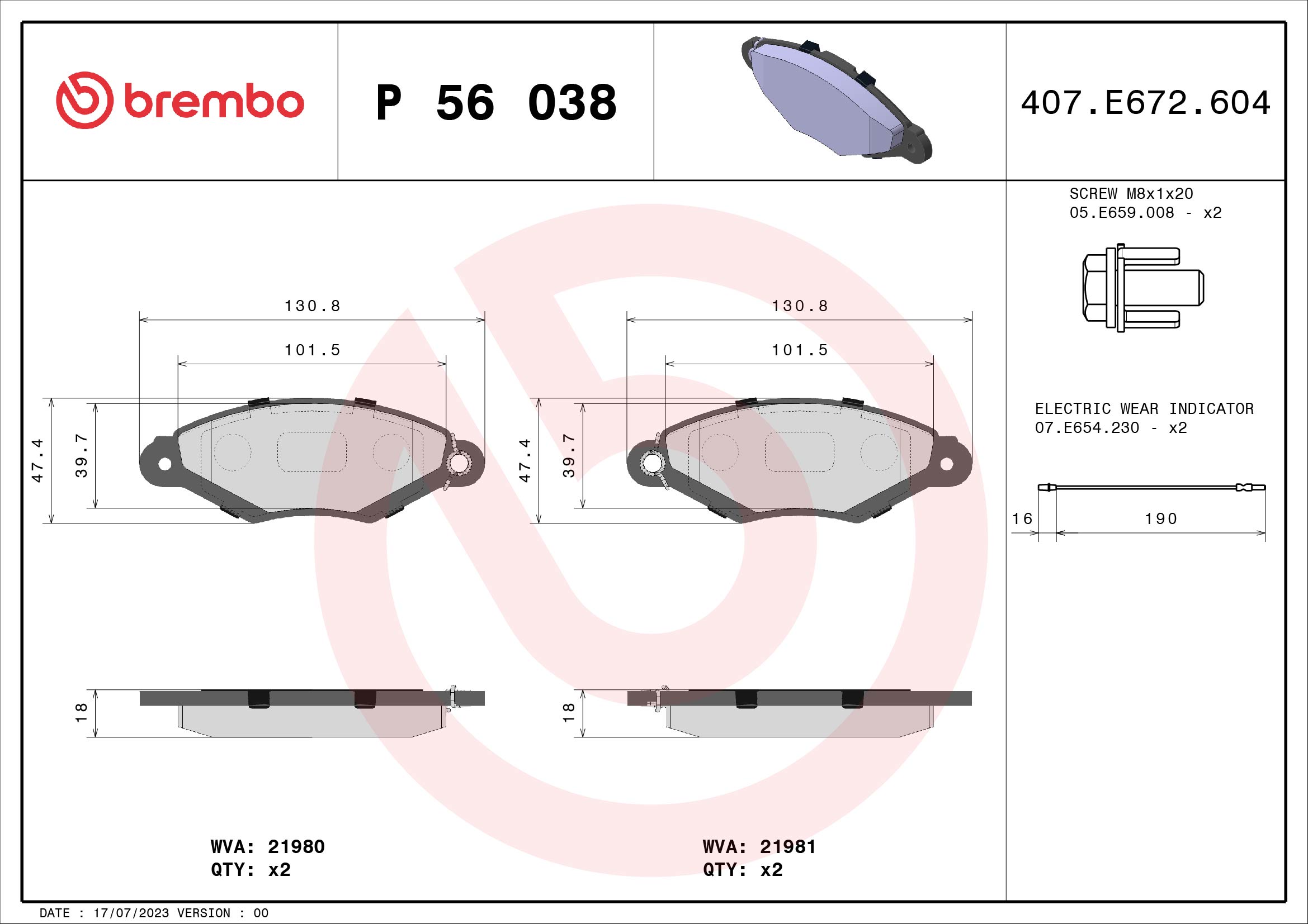 Bremsbelagsatz, Scheibenbremse - P 56 038 BREMBO