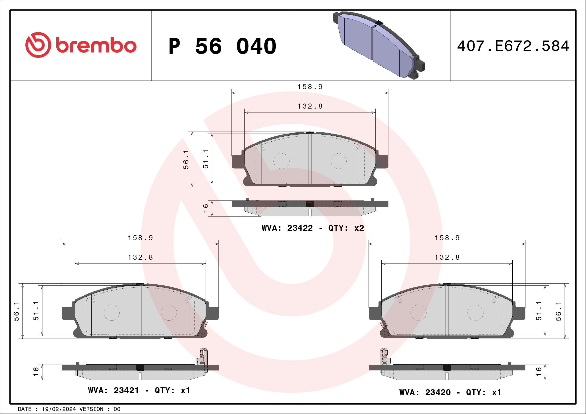 Kit pastiglie freno, Freno a disco - P 56 040 BREMBO