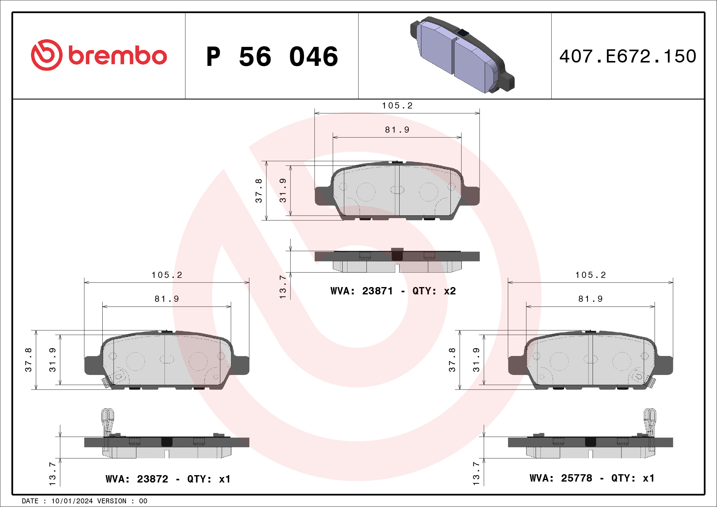 Комплект тормозных колодок, дисковый тормоз - P 56 046 BREMBO