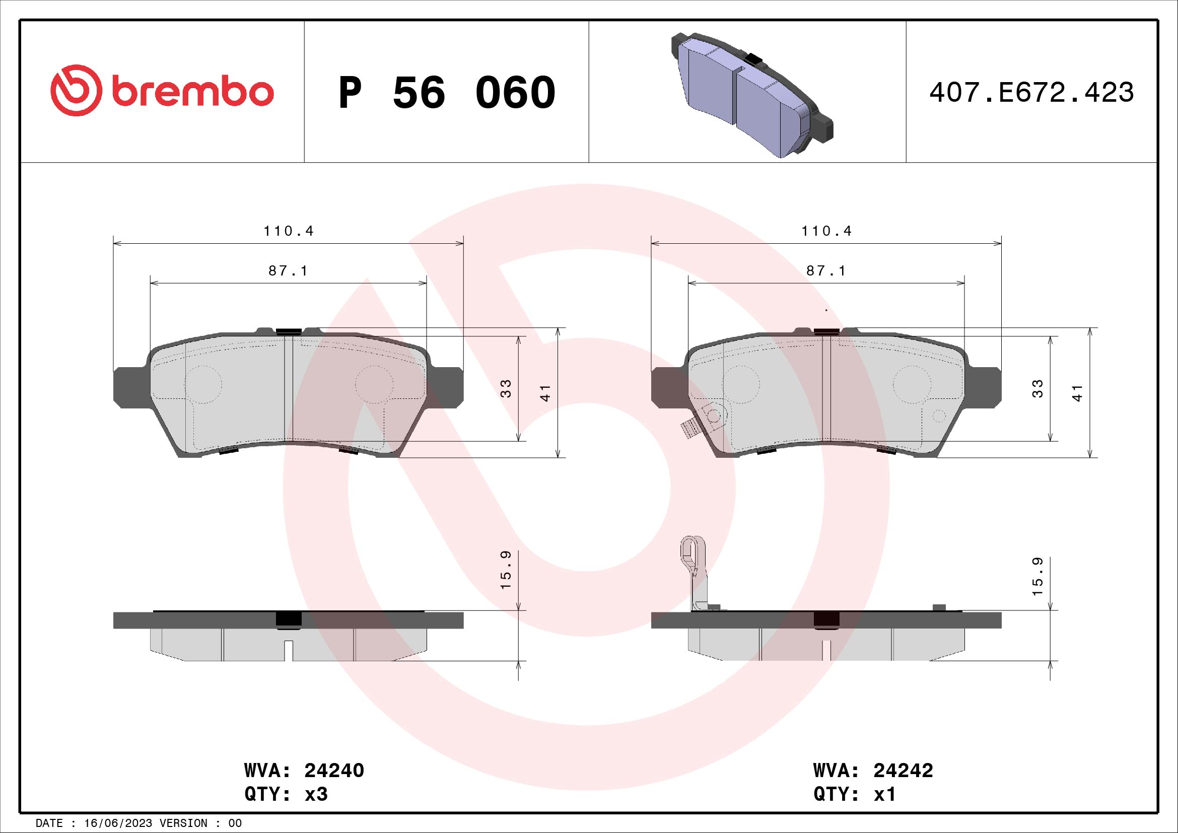 Brake Pad Set, disc brake - P 56 060 BREMBO