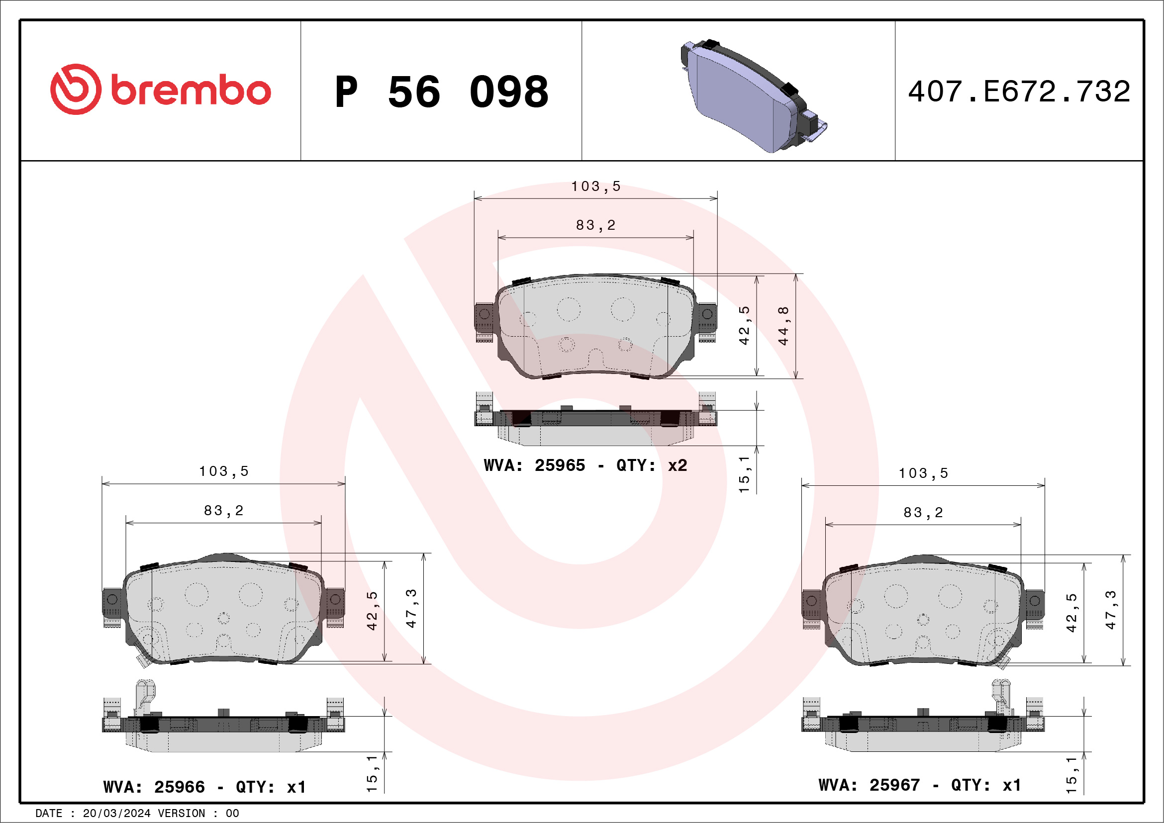 stabdžių trinkelių rinkinys, diskinis stabdys - P 56 098 BREMBO
