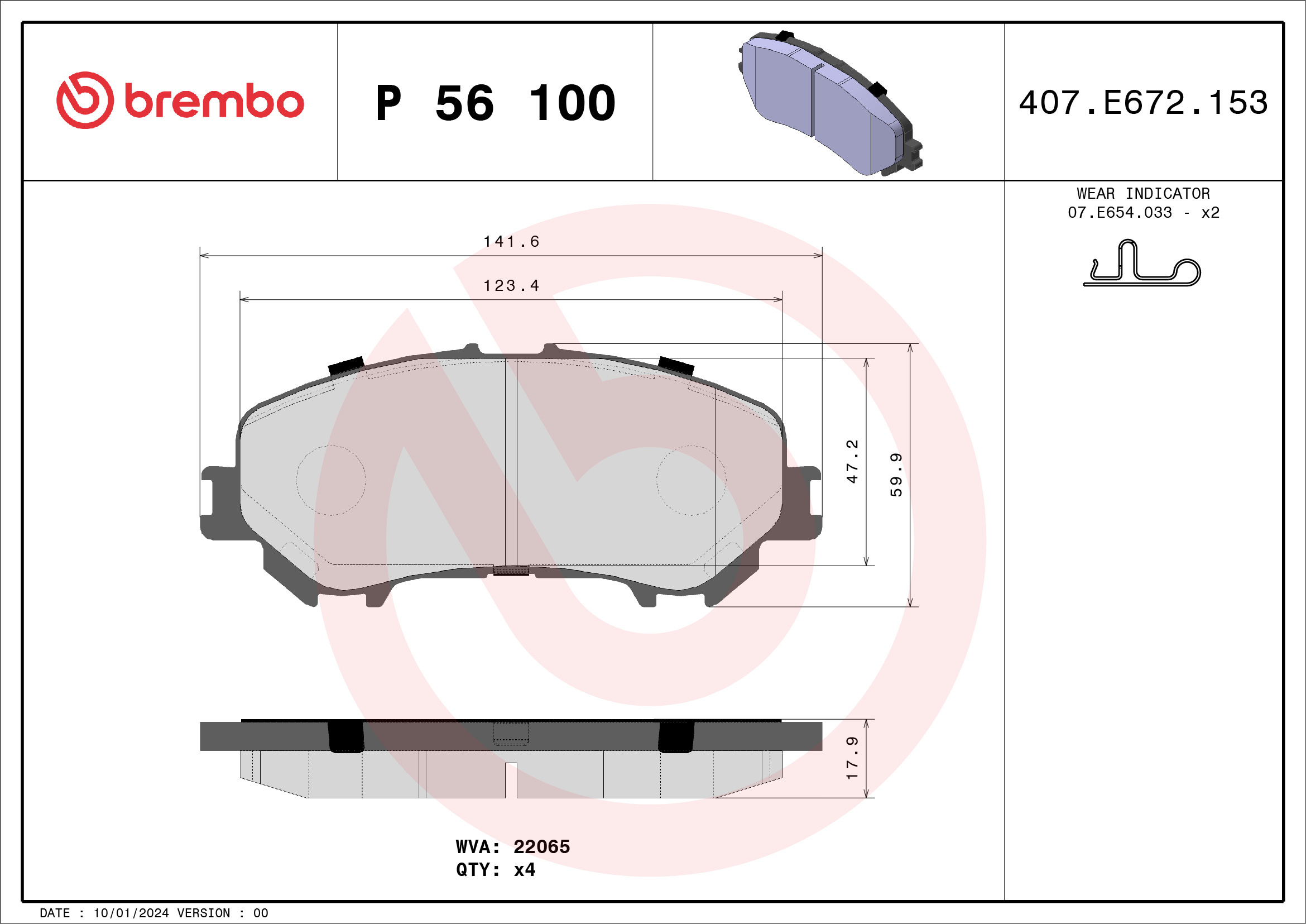Комплект тормозных колодок, дисковый тормоз - P 56 100 BREMBO
