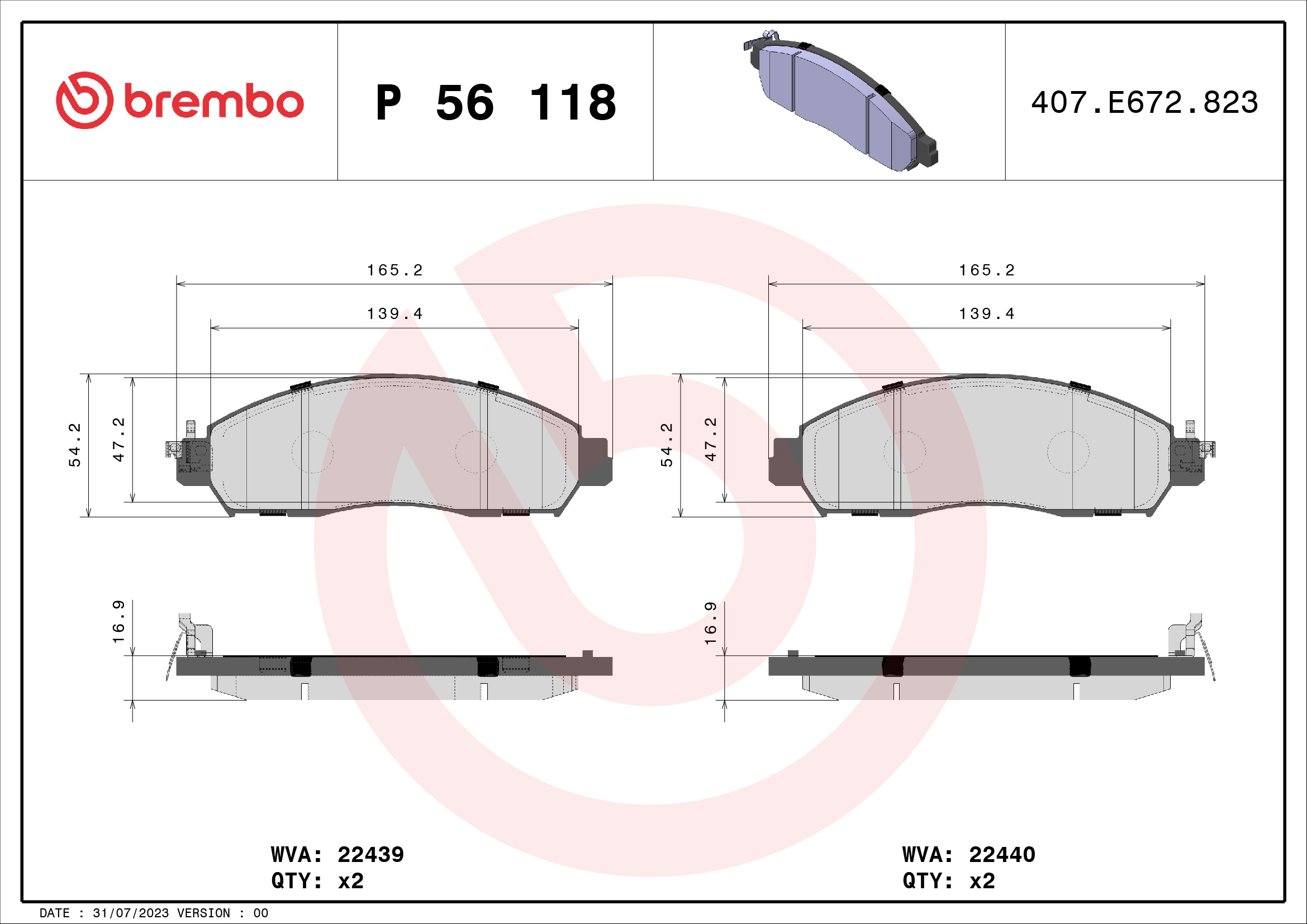 Bremsbelagsatz, Scheibenbremse - P 56 118 BREMBO