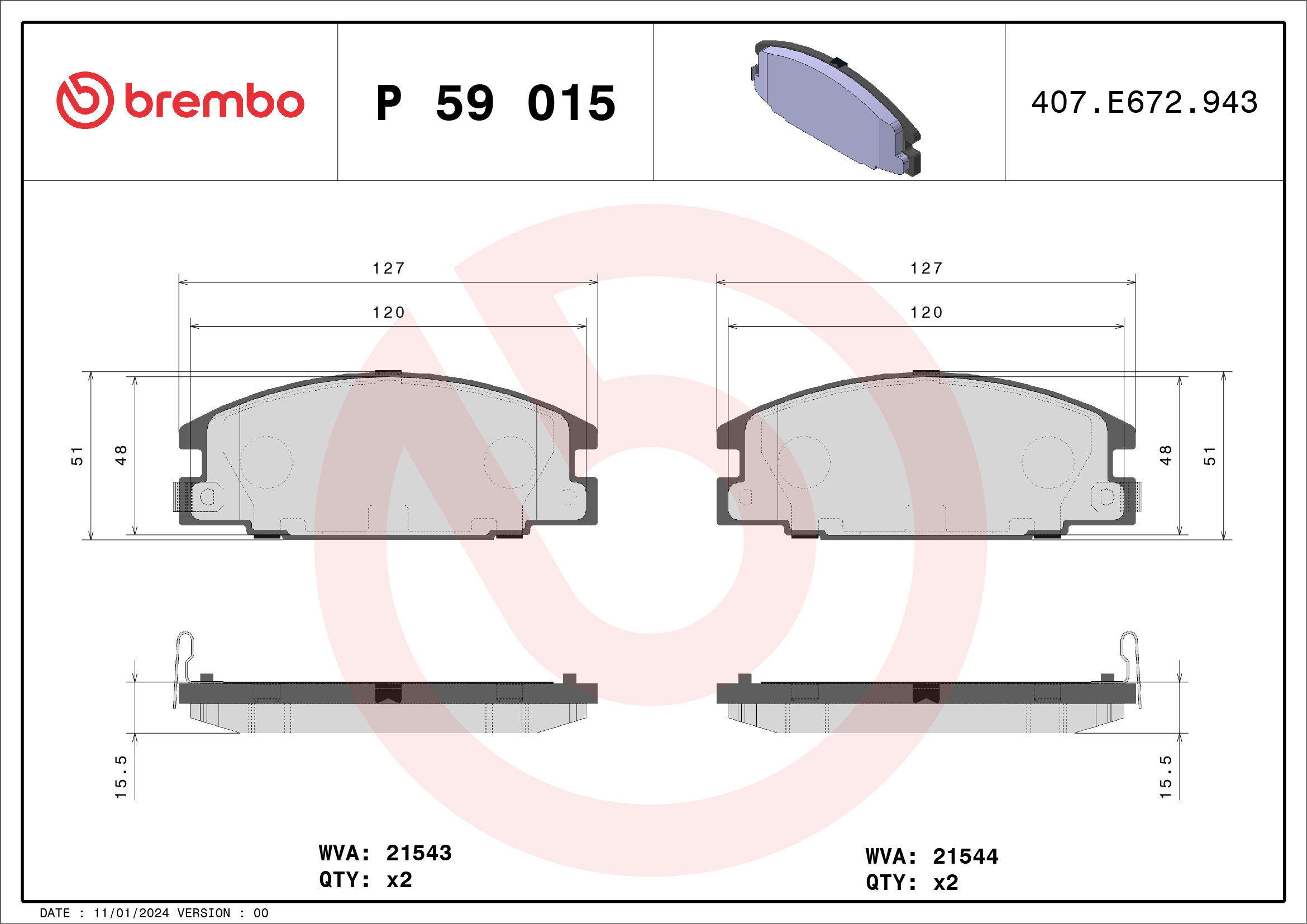 Kit pastiglie freno, Freno a disco - P 59 015 BREMBO