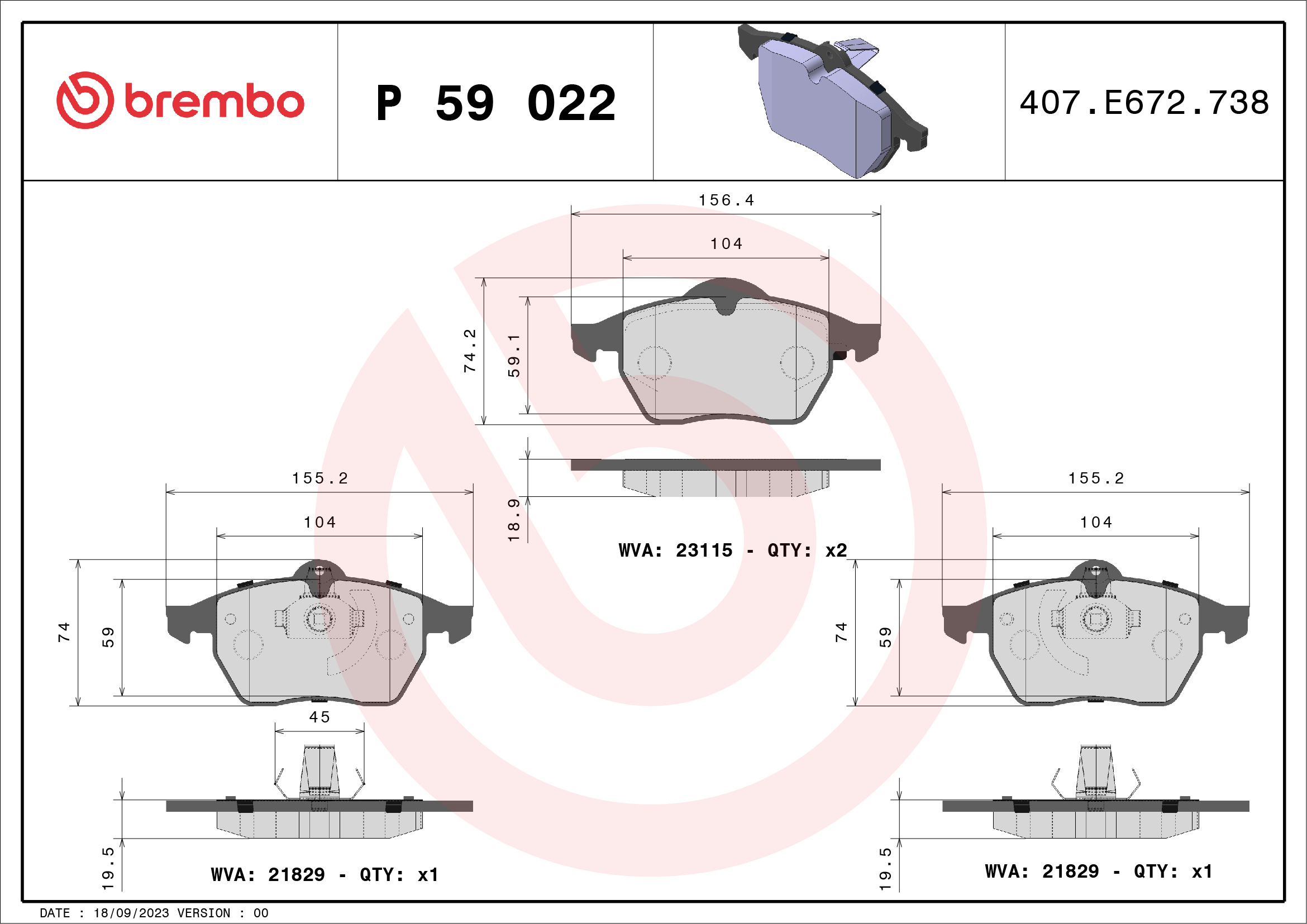 Brake Pad Set, disc brake - P 59 022 BREMBO