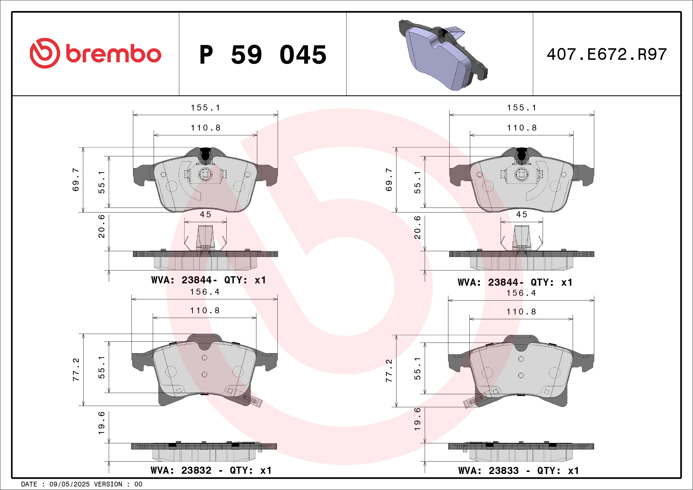 Brake Pad Set, disc brake - P 59 045 BREMBO